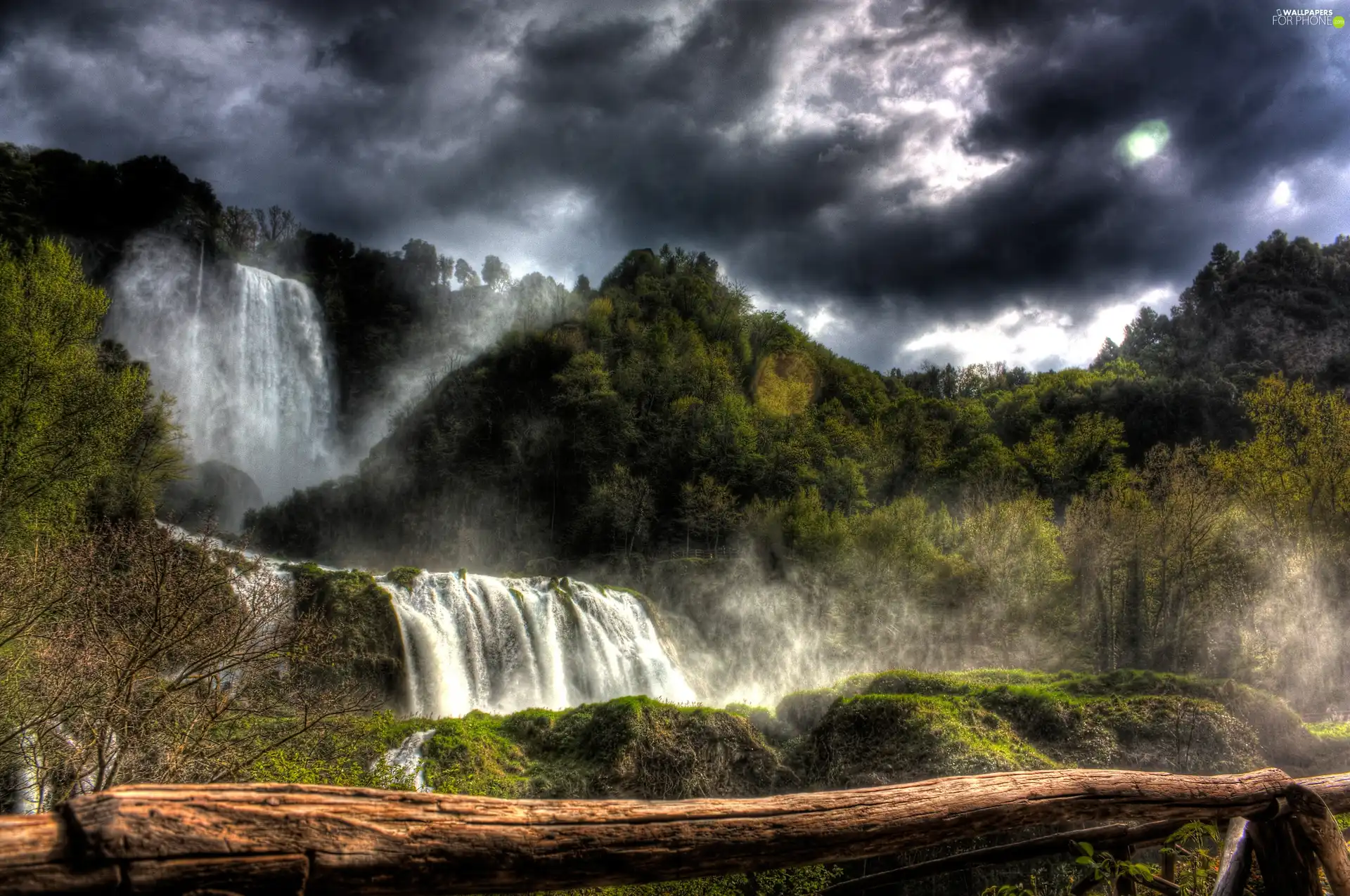 clouds, woods, waterfall, Mountains