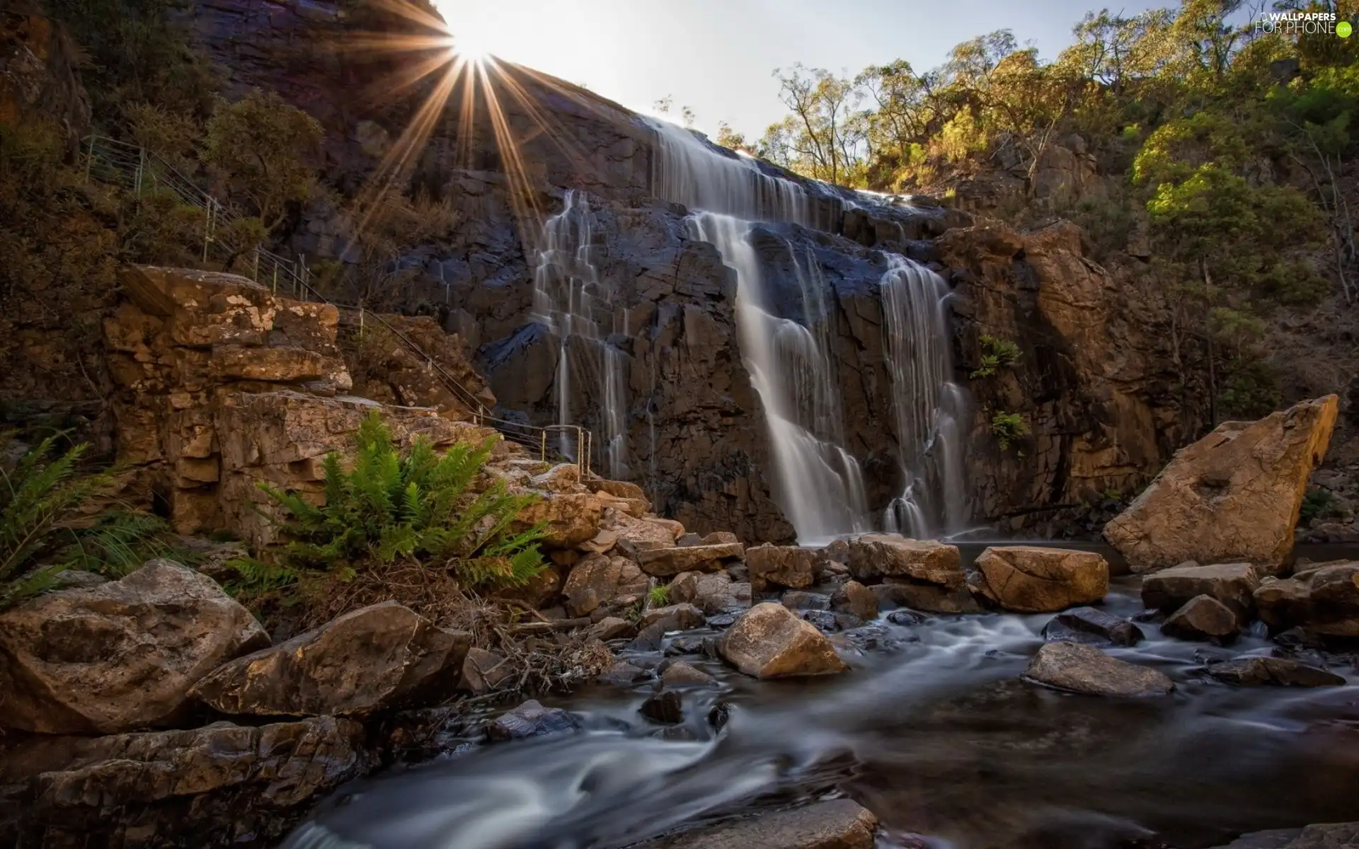 rays, rocks, waterfall, sun