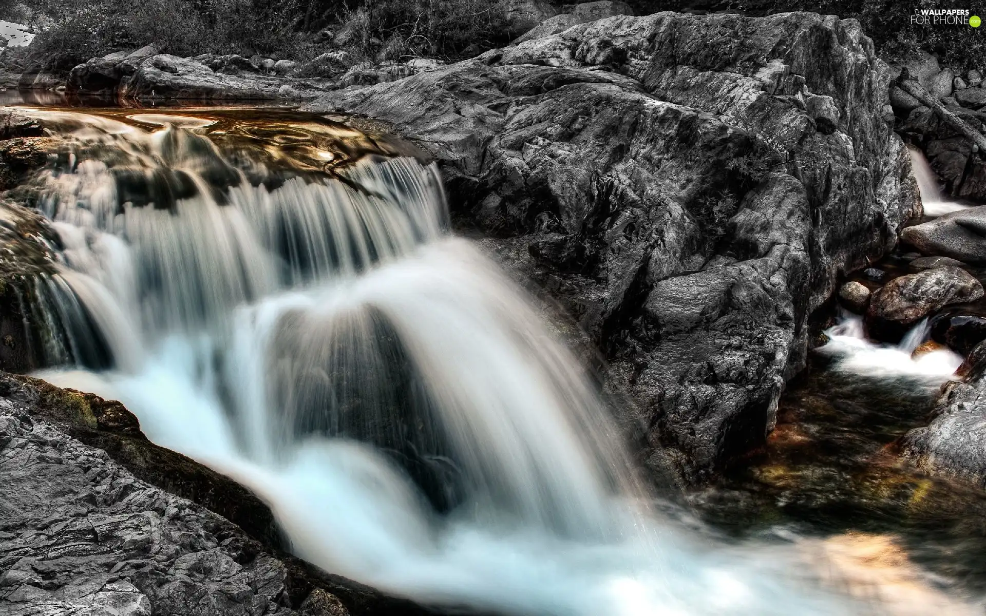 rocks, waterfall