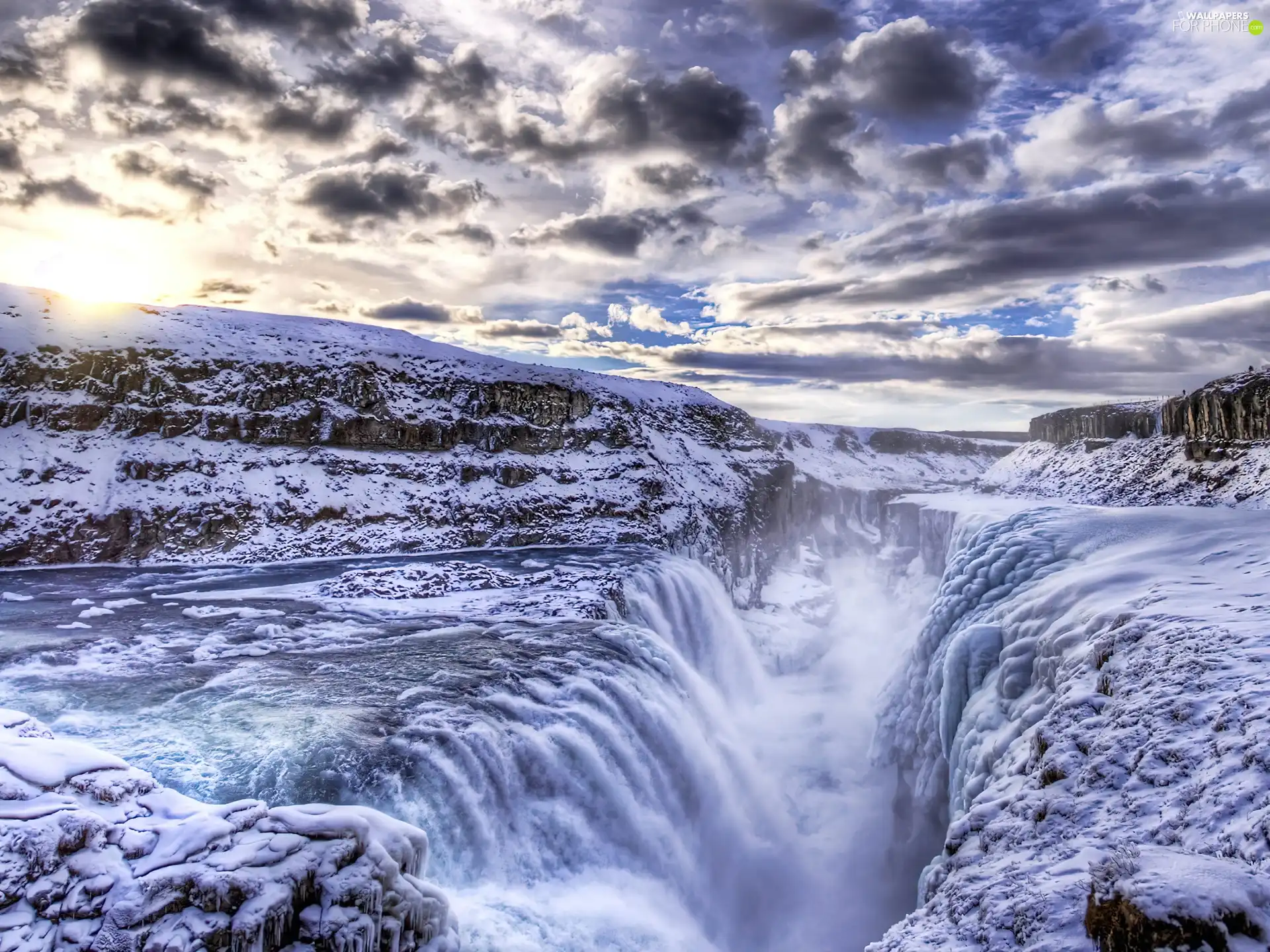 waterfall, Snowy, rocks