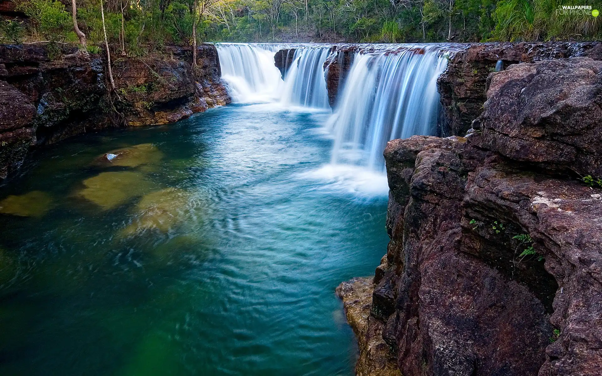 rocks, viewes, waterfall, trees