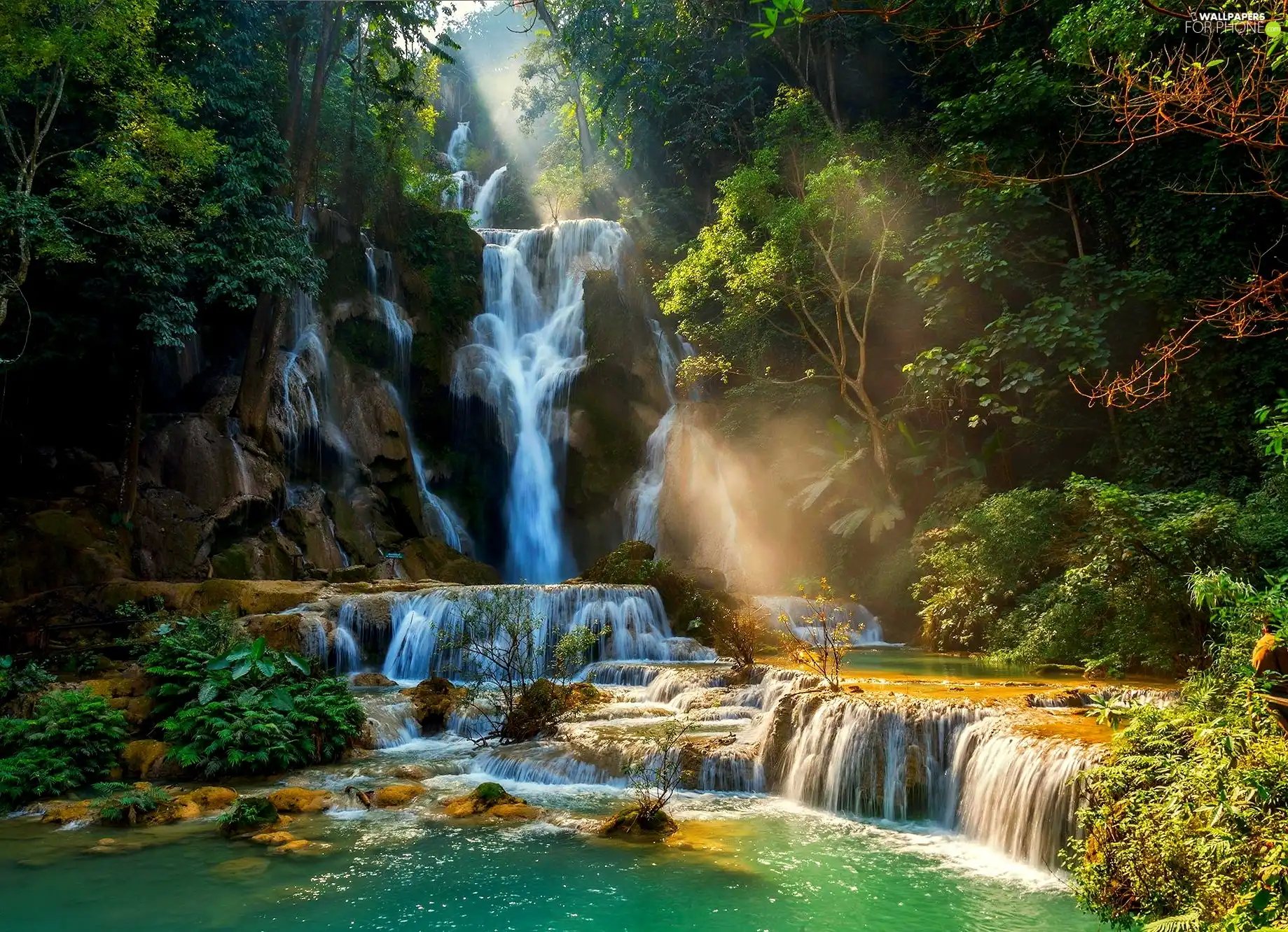 light breaking through sky, forest, waterfall