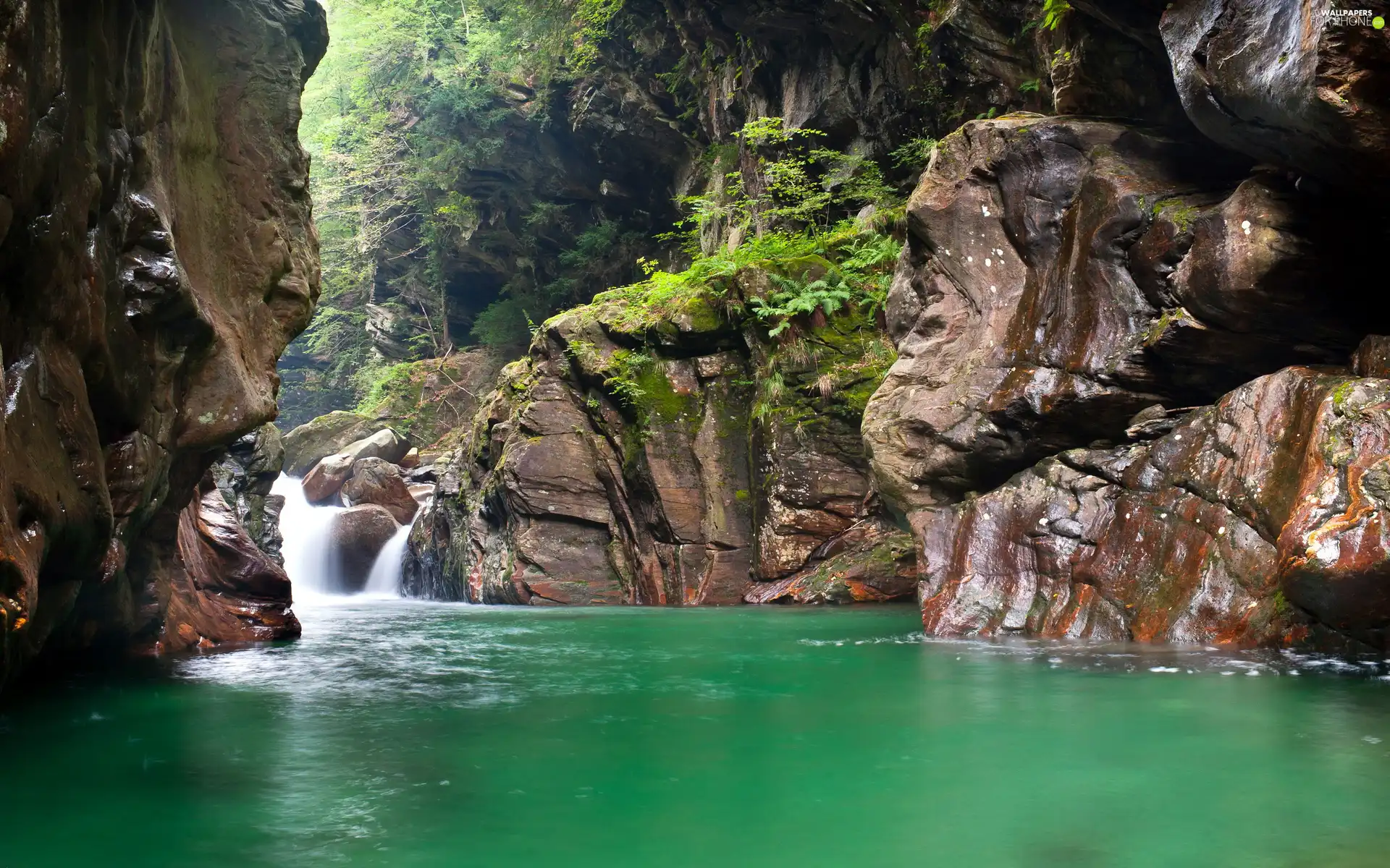 turquoise, rocks, waterfall, lake
