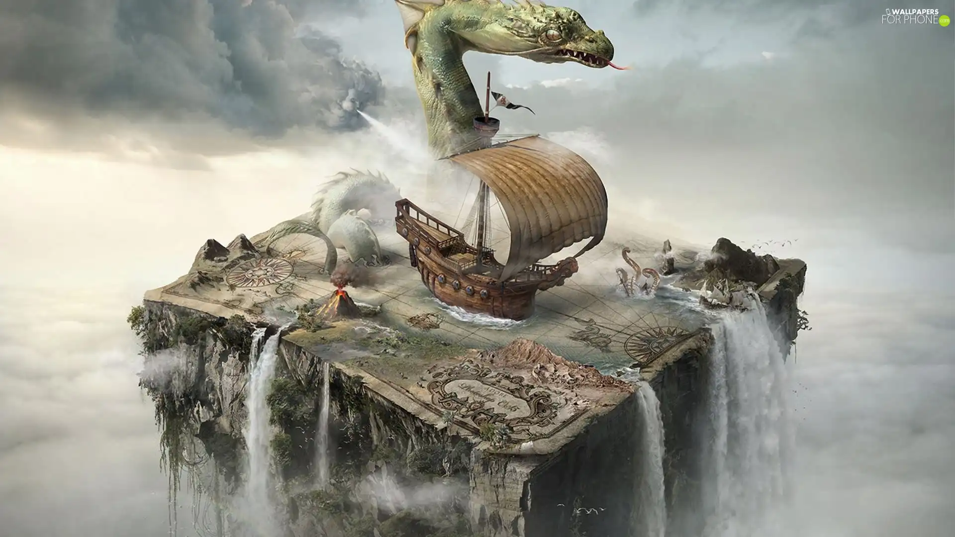 waterfalls, Ship, Dragon