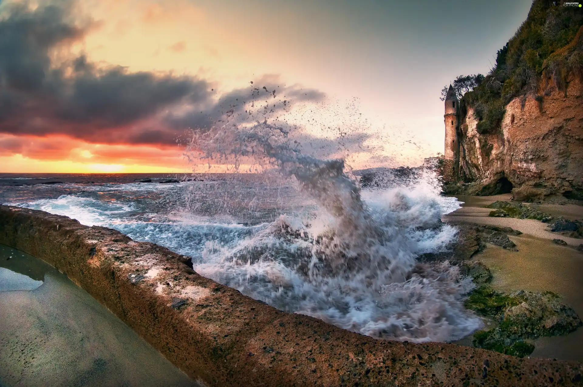 Waves, clouds, castle, sea, ruins