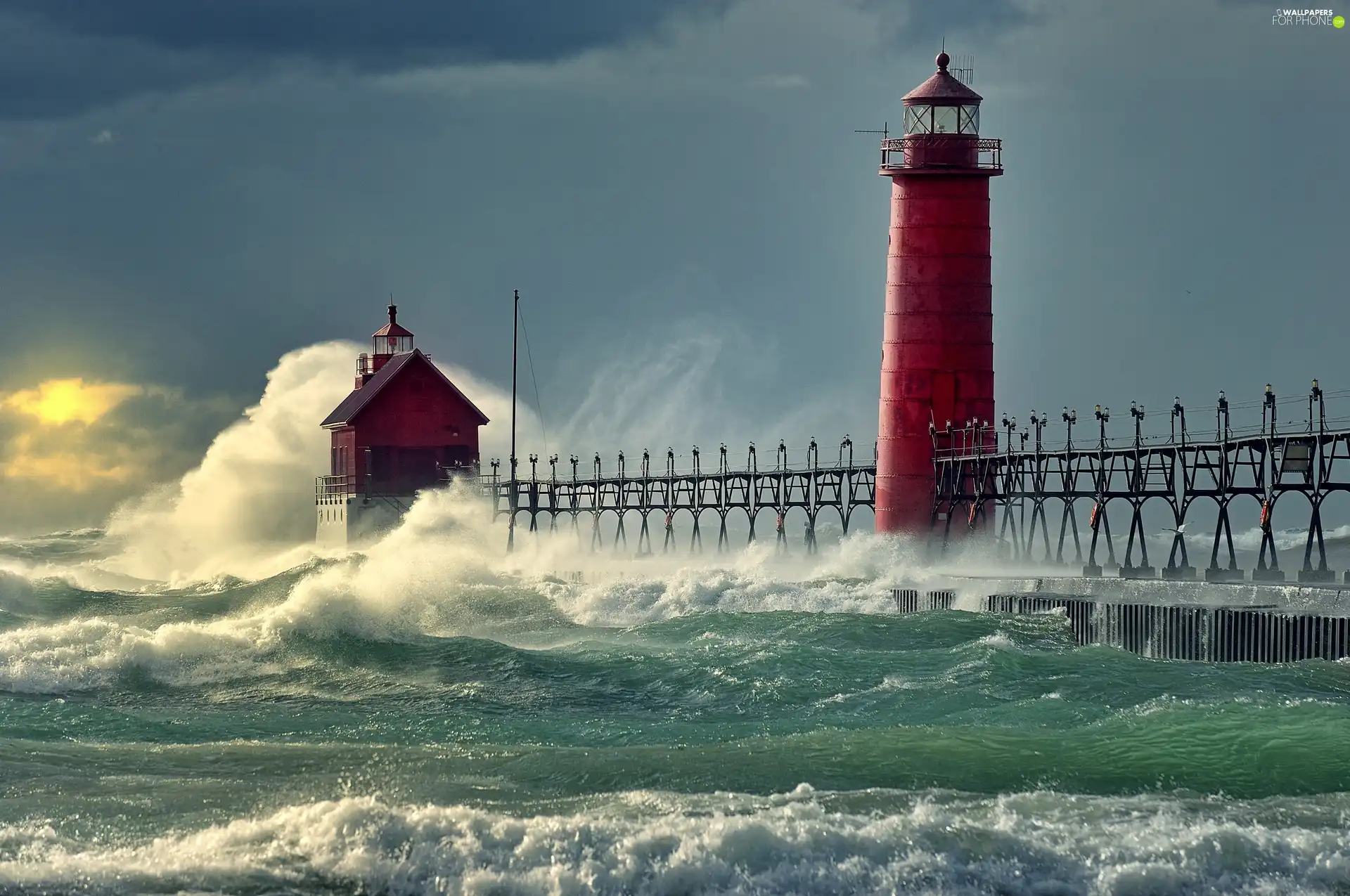 sea, Storm, Waves, Lighthouse