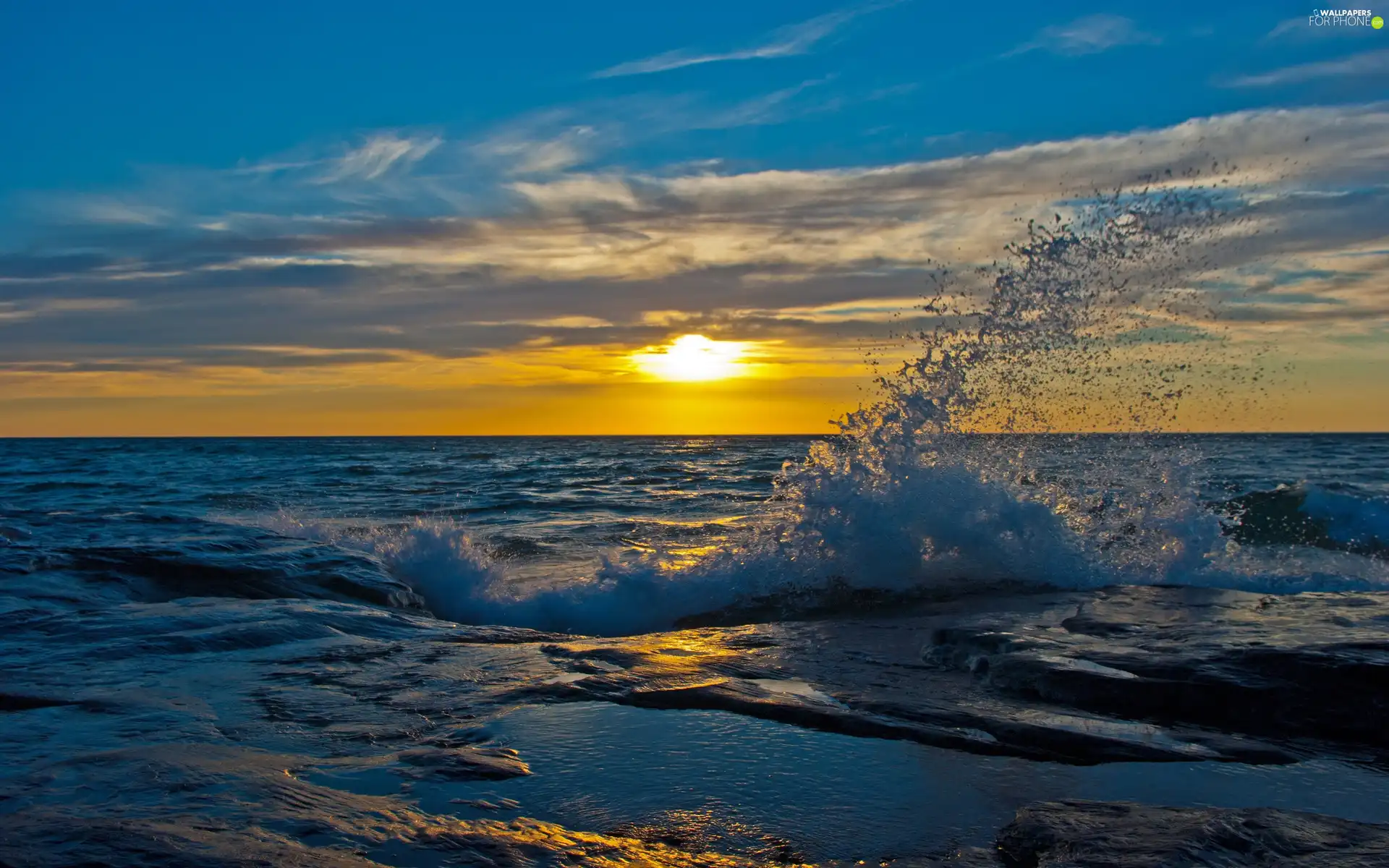 sea, sun, Waves, west