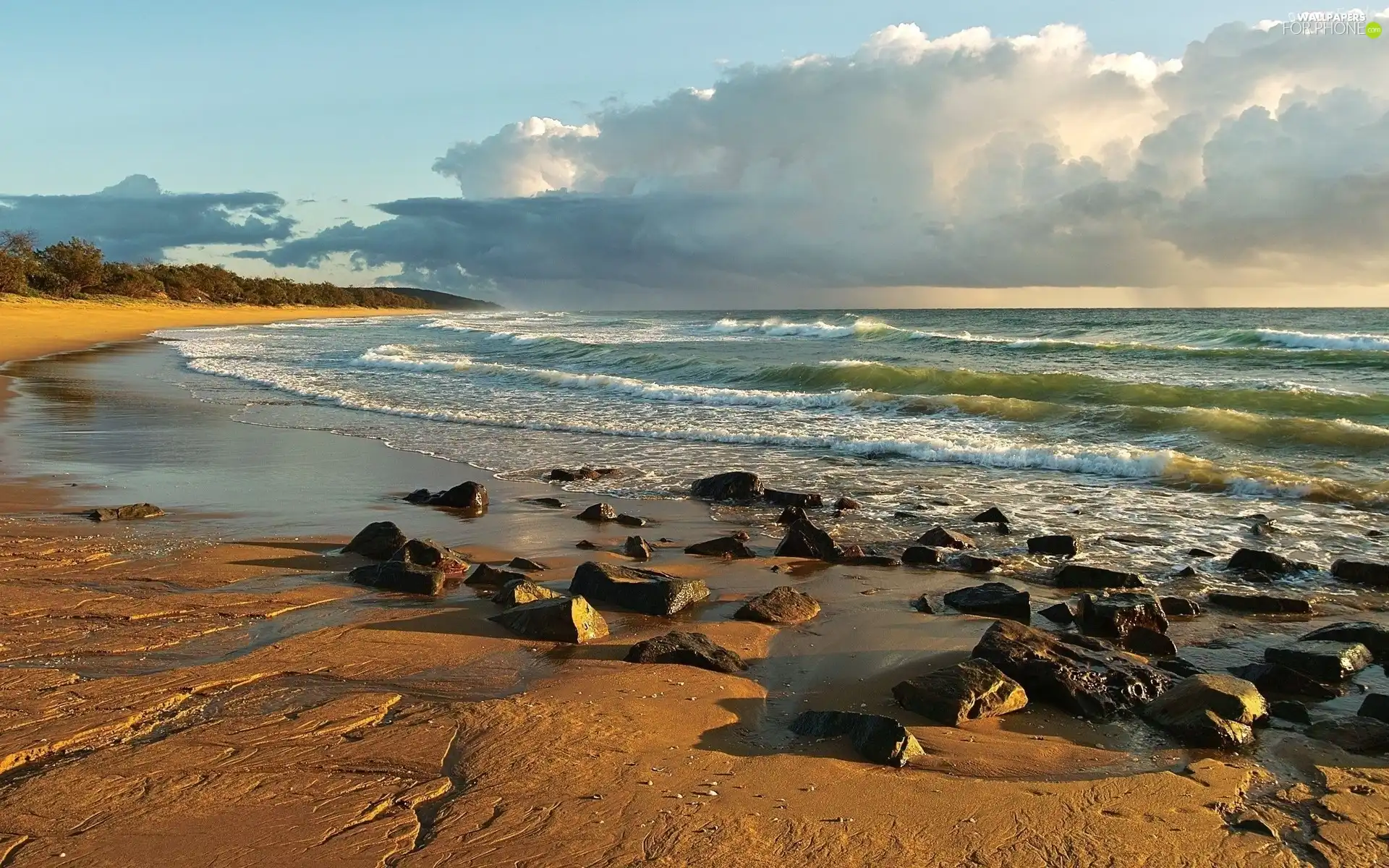 Waves, Stones, sea, Beaches, Sky