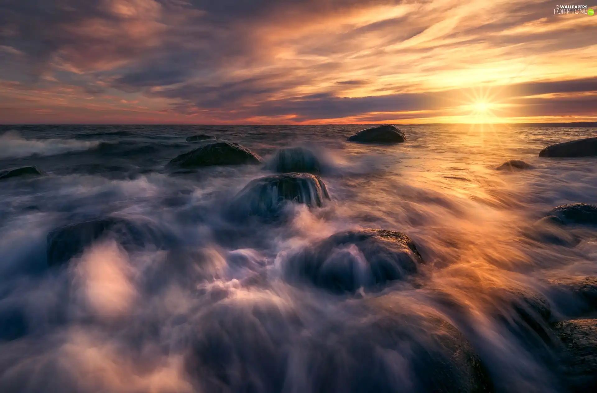 rocks, Stones, sea, Waves, Great Sunsets