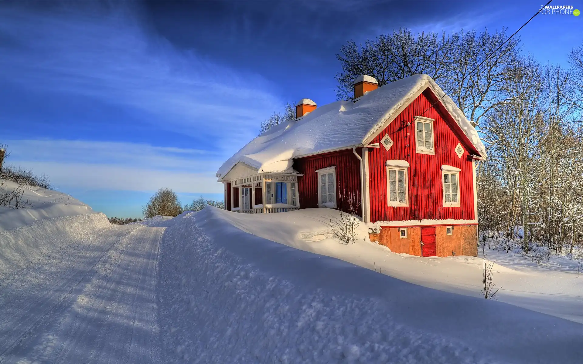 house, snow, Way, Sky