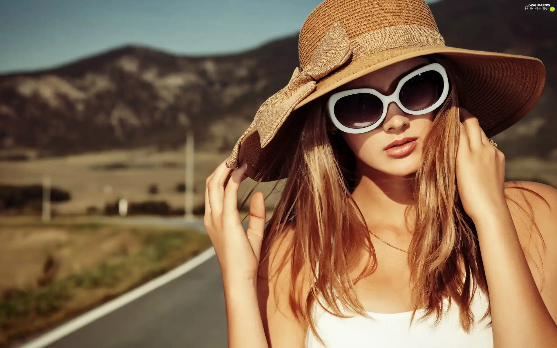 Way, Mountains, Glasses, Hat, girl
