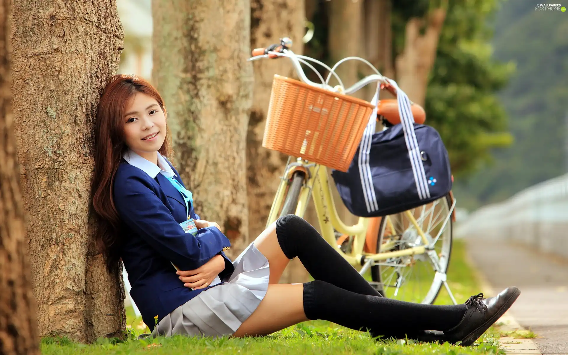 Way, smiling, viewes, Bike, trees, Japanese girl