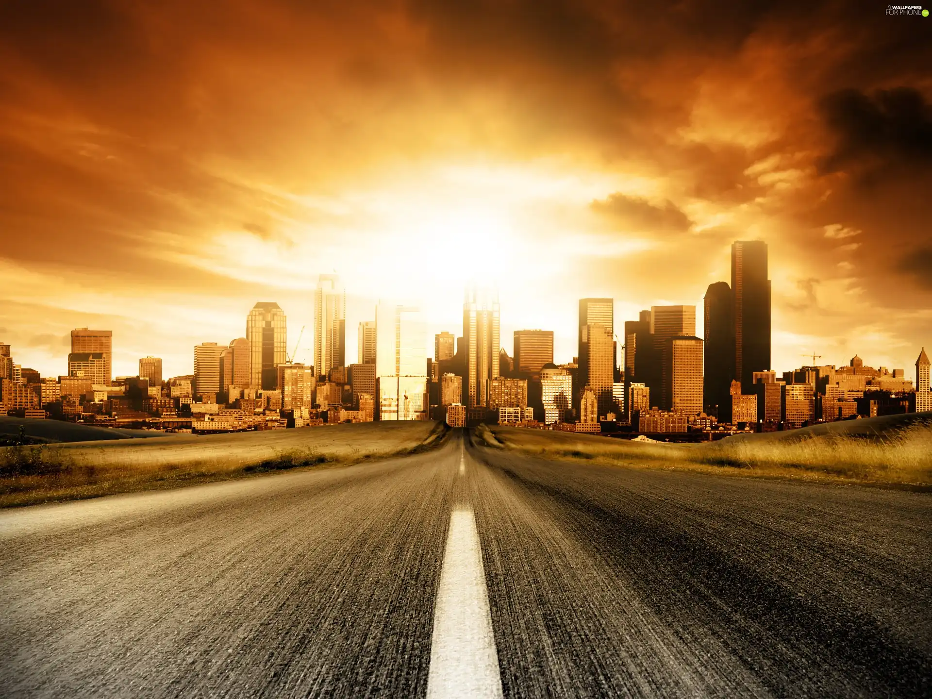 west, skyscrapers, Way, sun