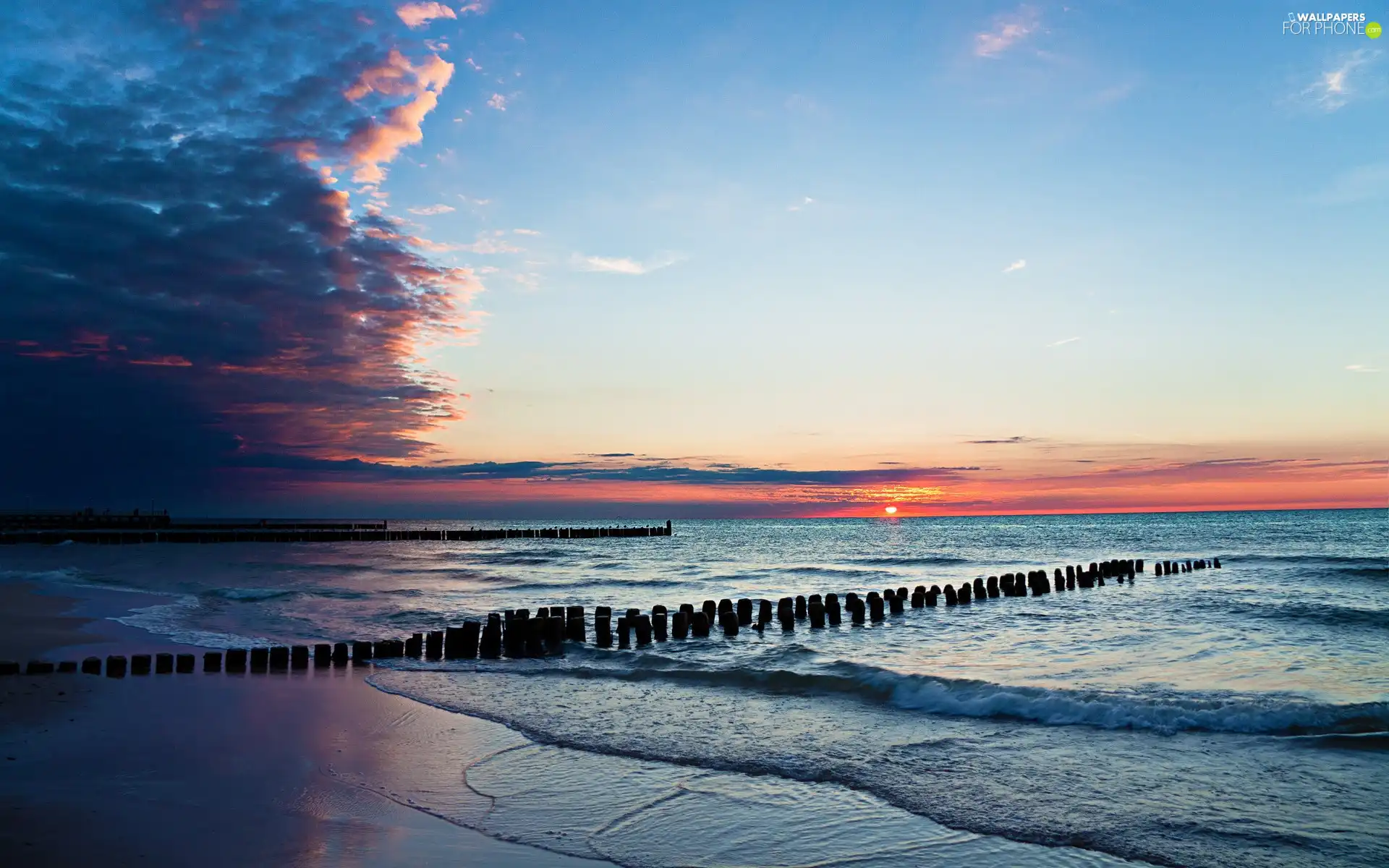 Waves, Coast, west, sun, clouds, Pale