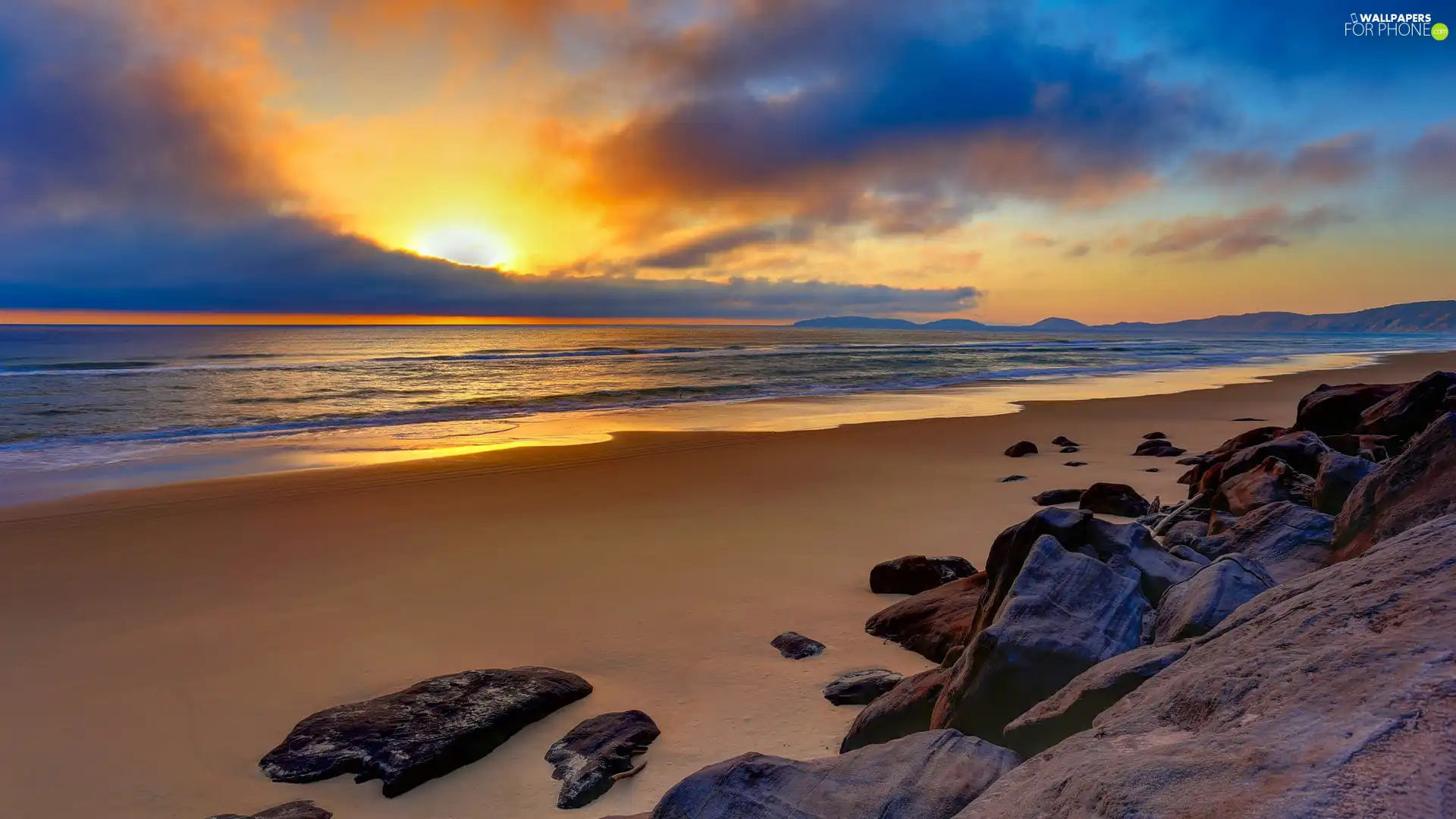 west, sun, Beaches, rocks, Coast