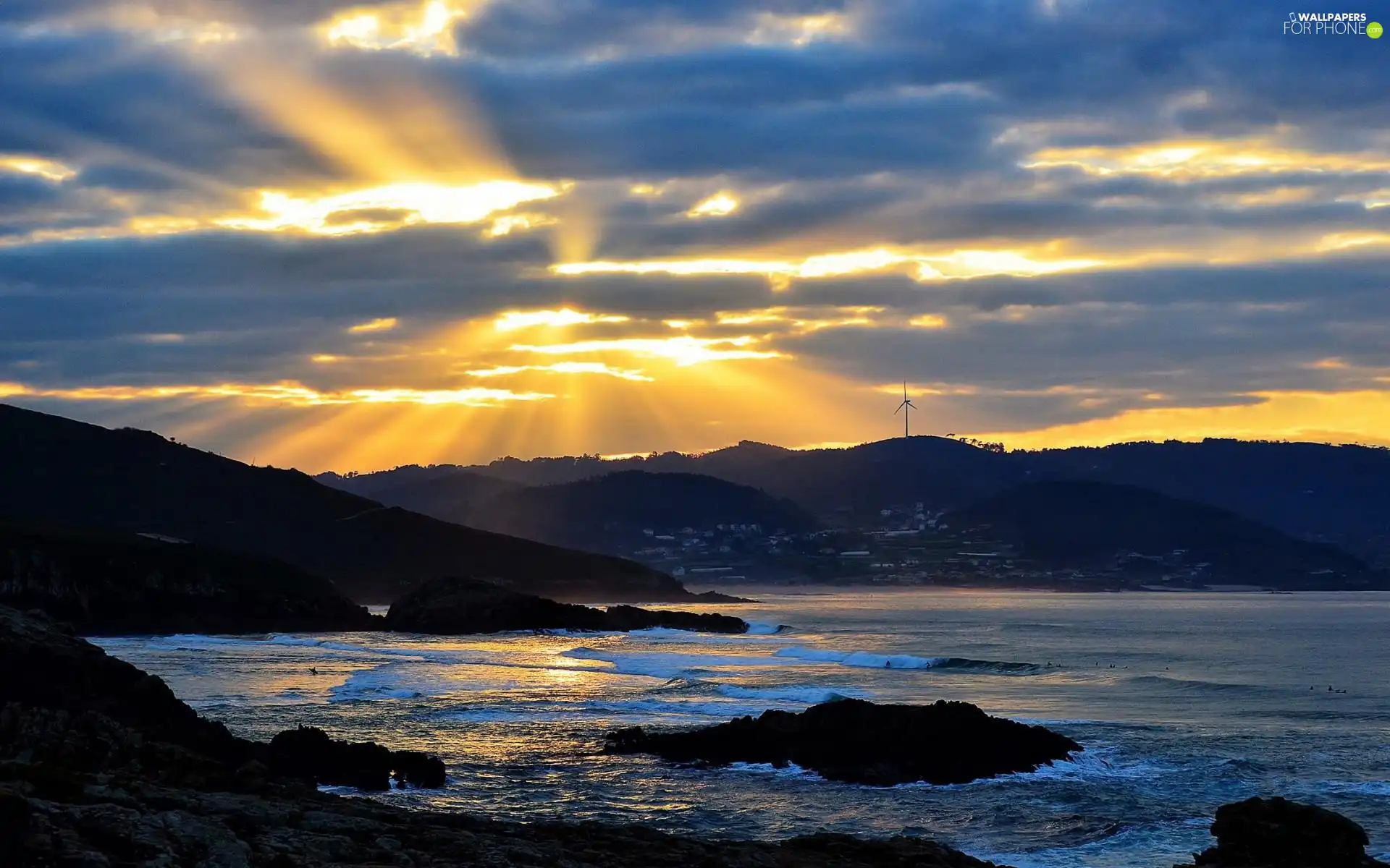 west, sun, Mountains, rocks, Coast