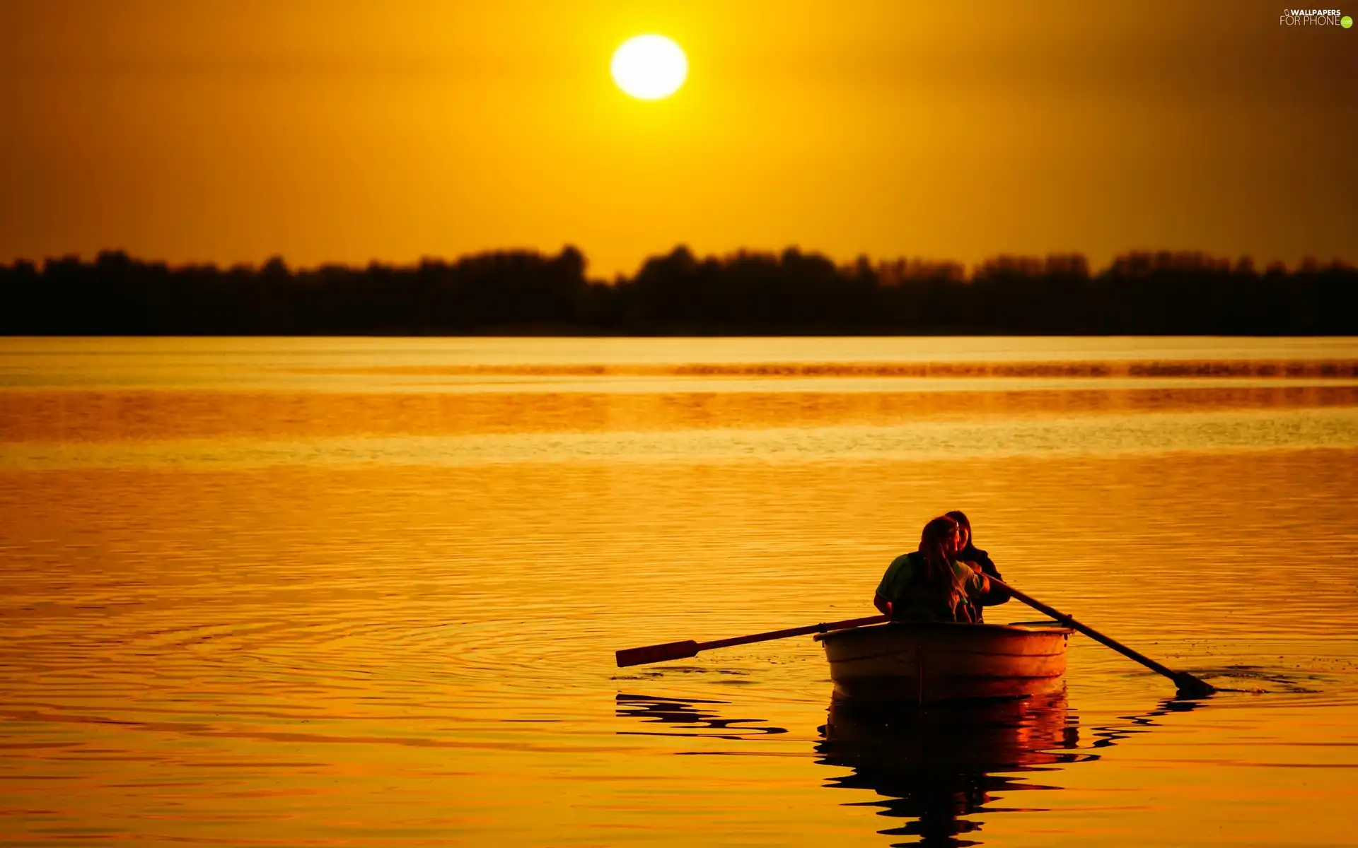 lake, Boat, west, sun, forest, People