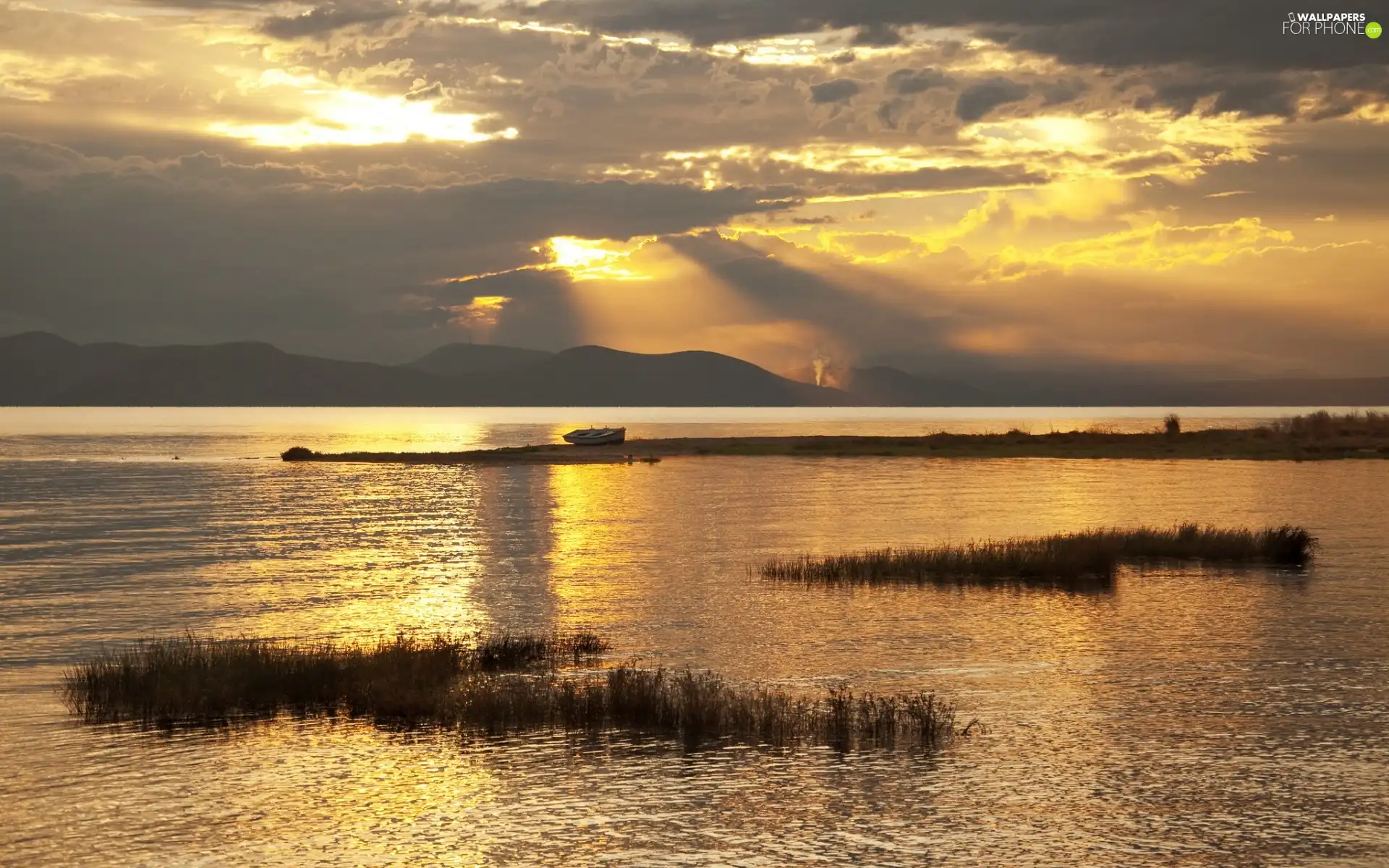 west, sun, Mountains, Lodz, lake