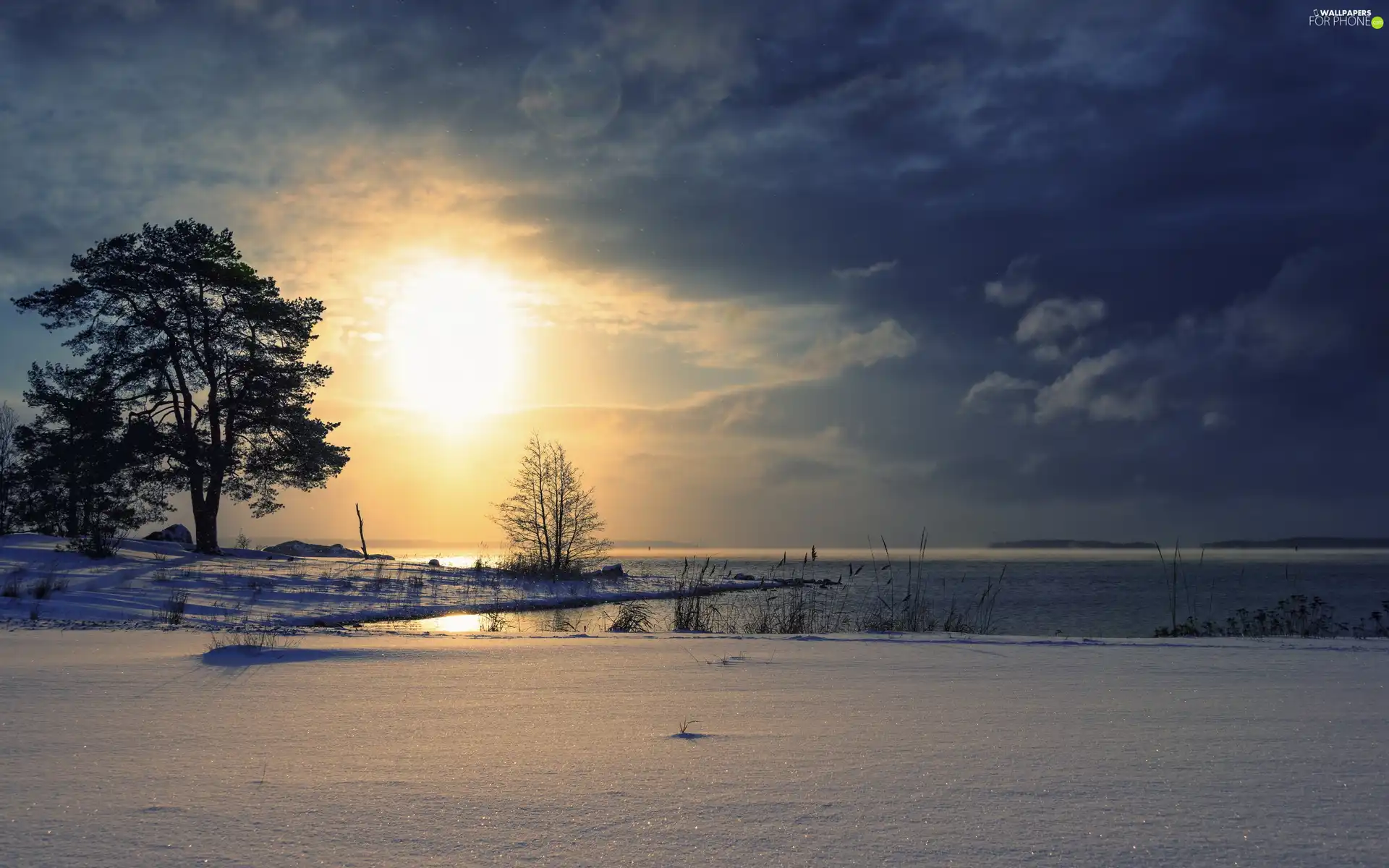 west, sun, field, clouds, River