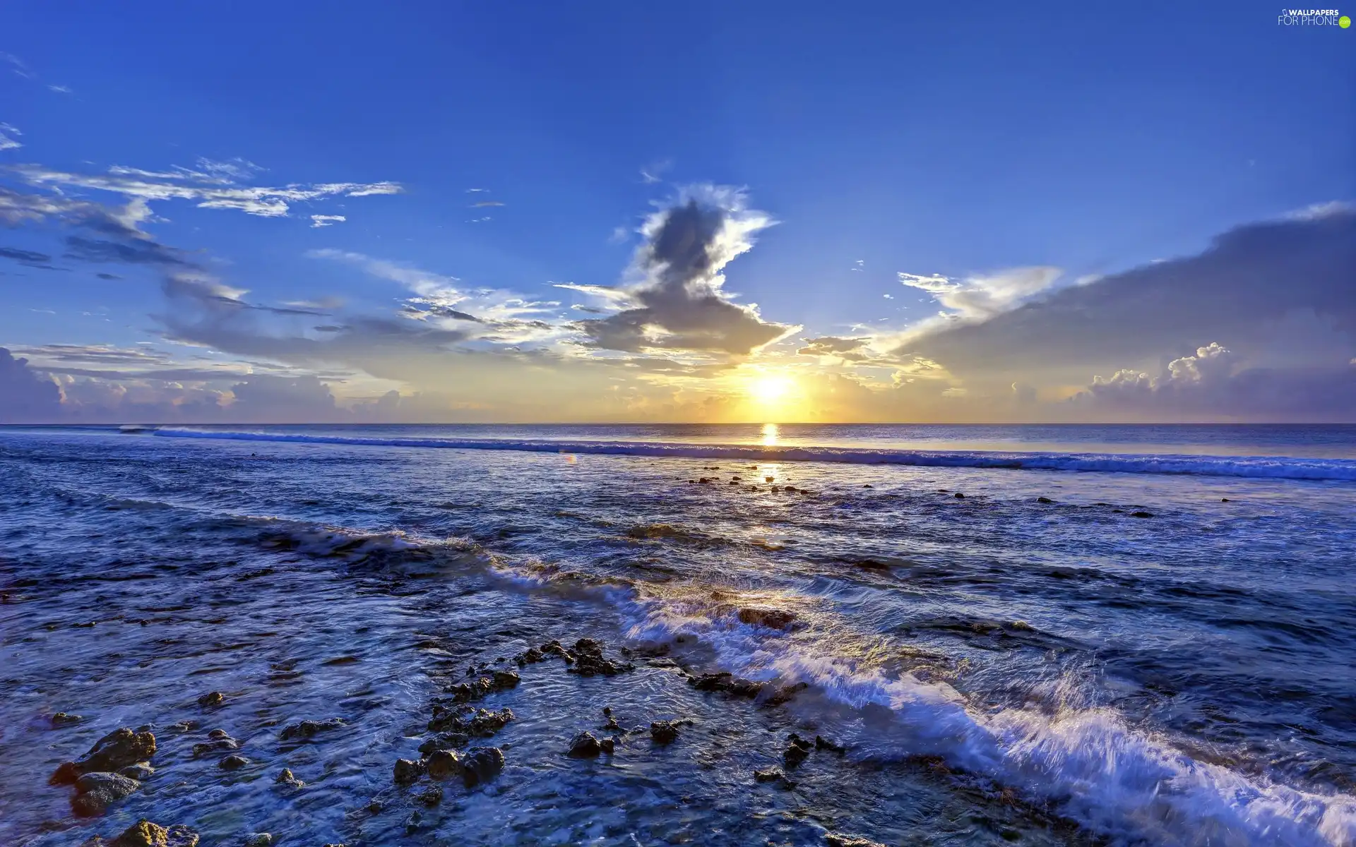 west, sun, Waves, clouds, sea