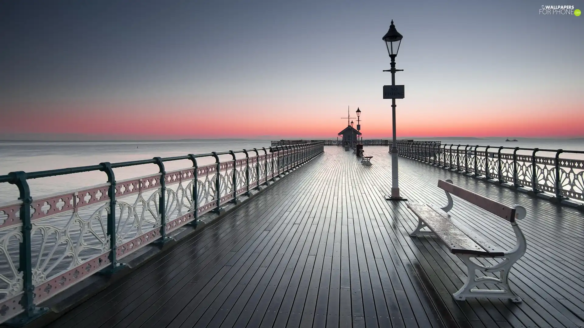 bench, pier, west, sun, sea, lanterns