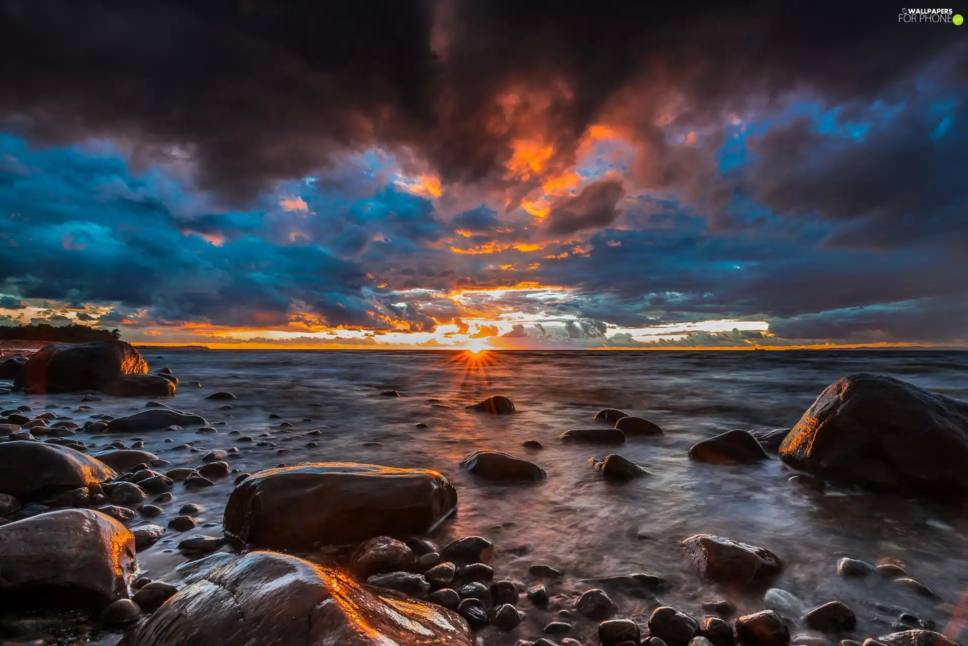 rocks, Sky, west, Sun, sea, clouds