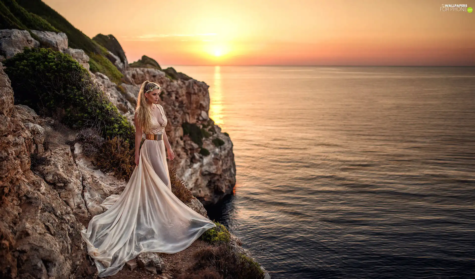west, sun, Rocks, Women, sea