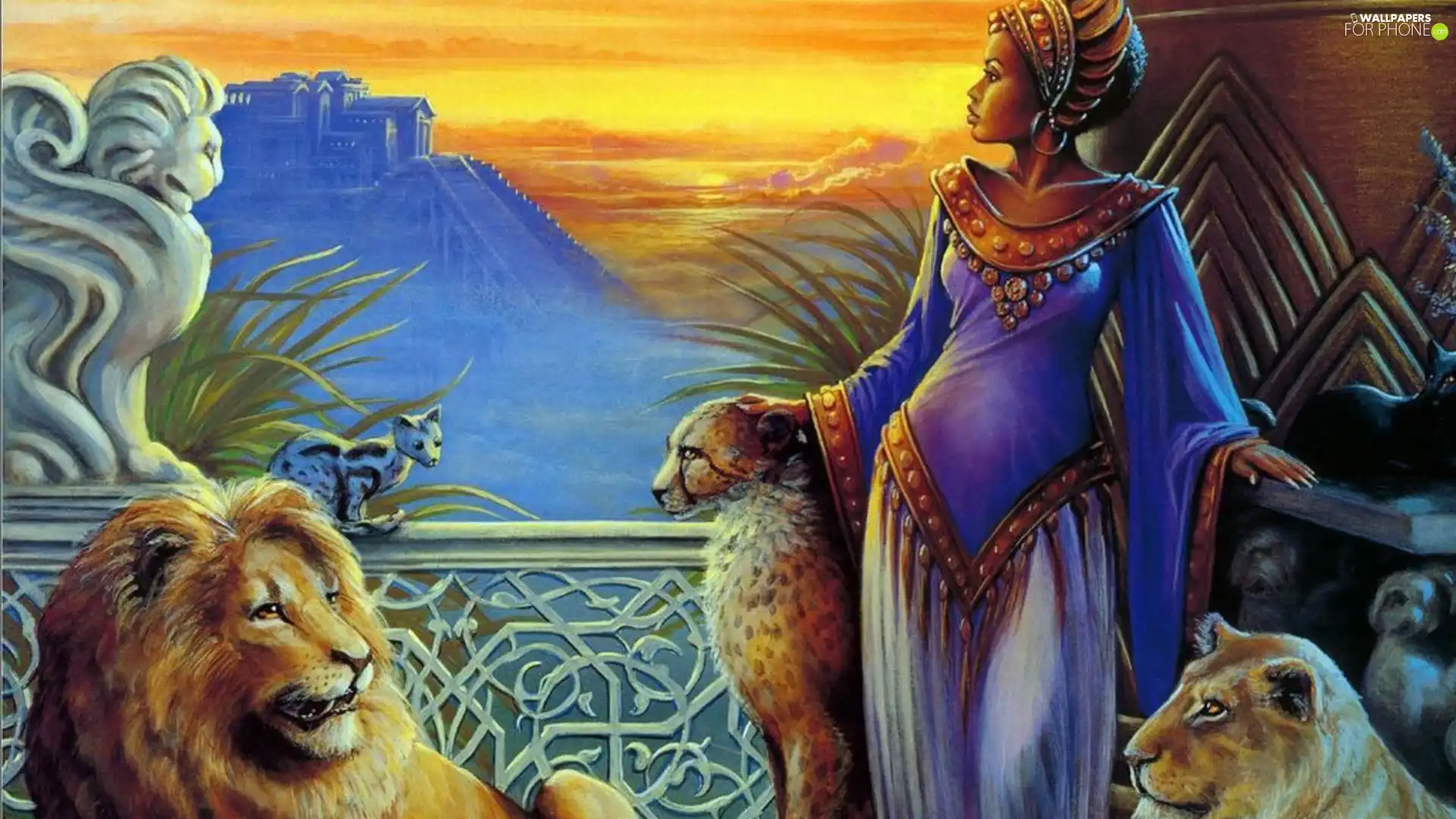west, sun, Lion, animals, Women