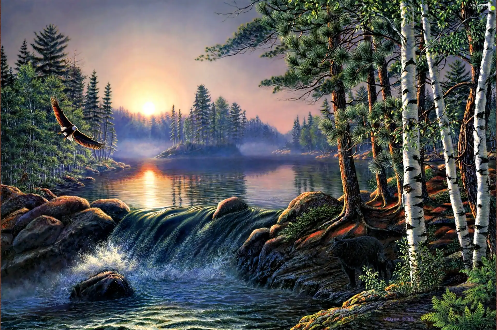 west, sun, James Meger, Stones, waterfall, forest, River, small