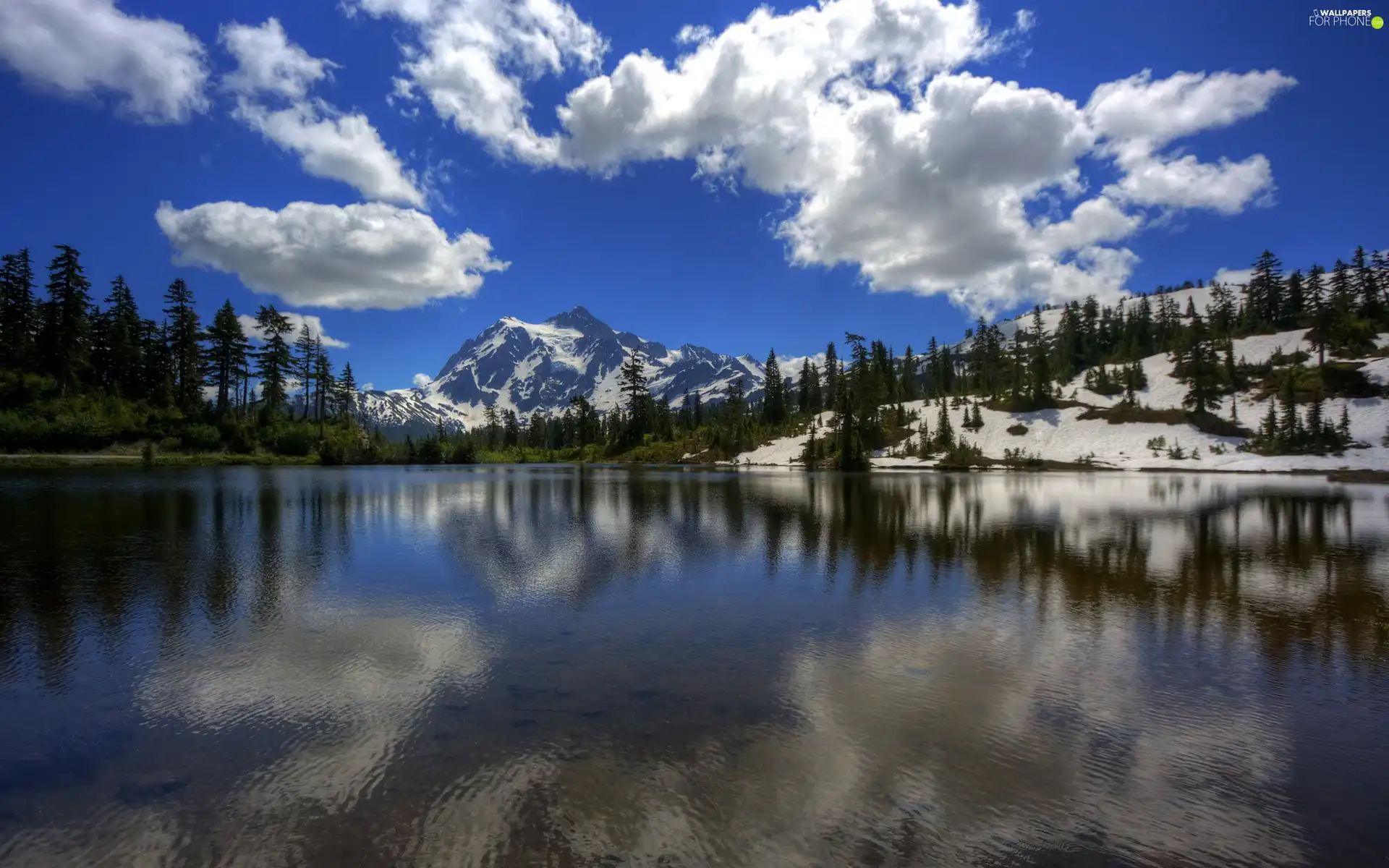 White, clouds, lake, Christmas, Mountains