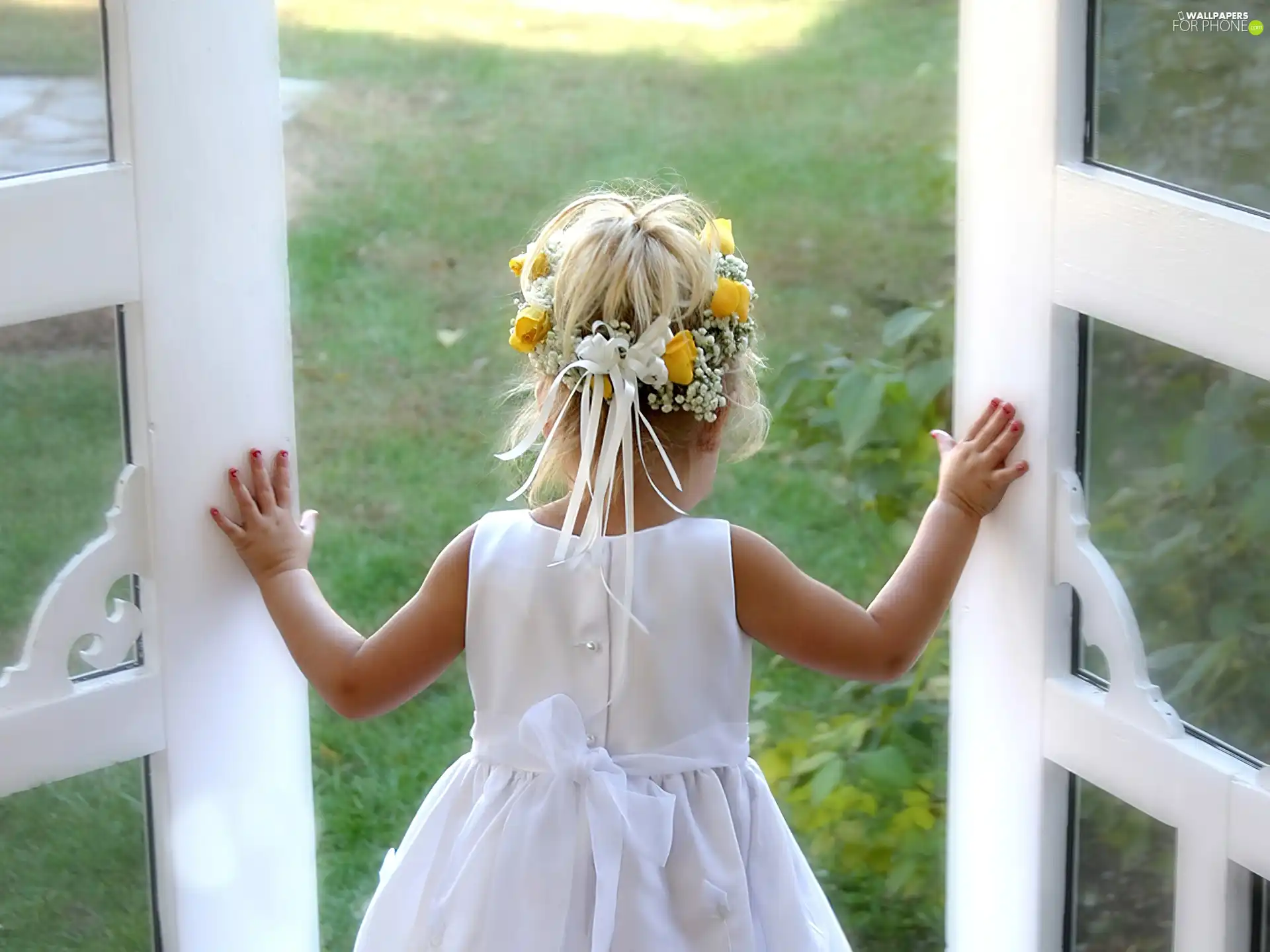 White, dress, Window, wreath, girl