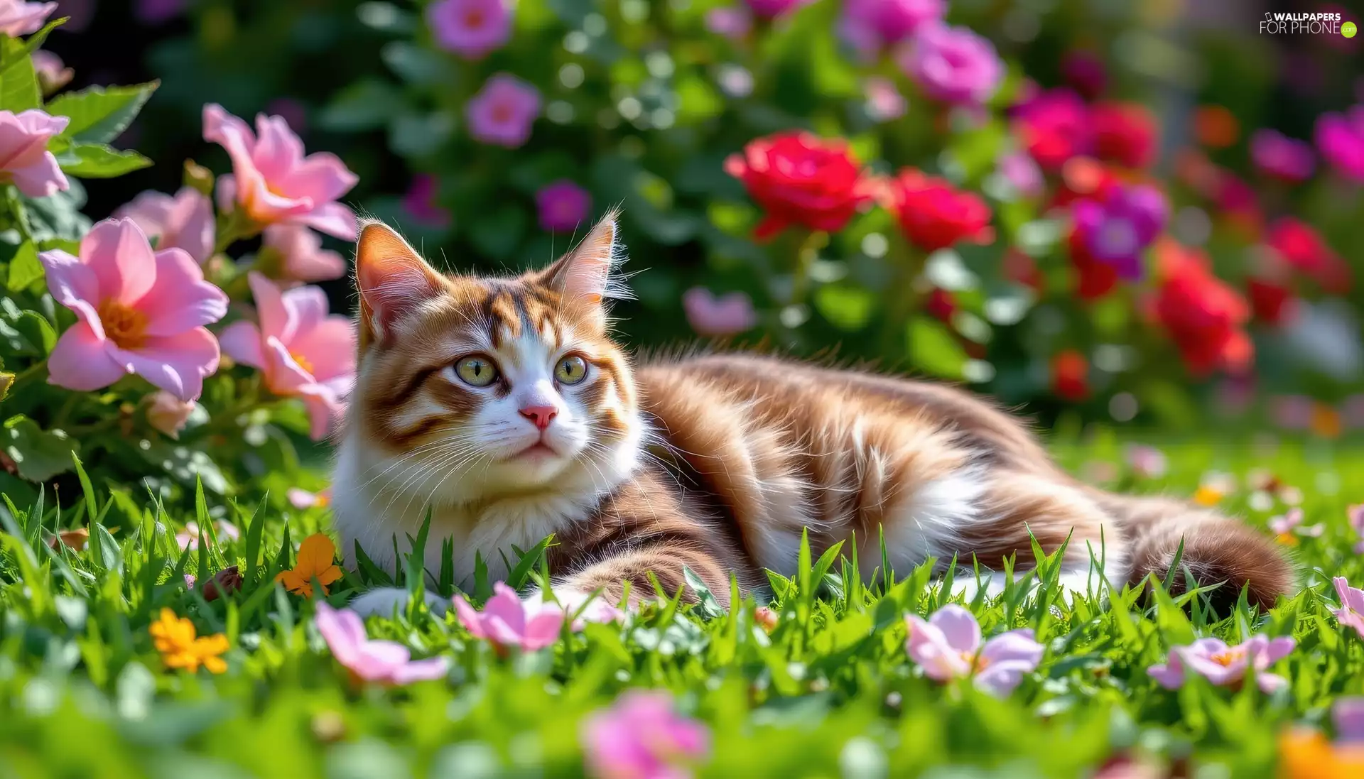grass, Flowers, Red-white, cat, lying