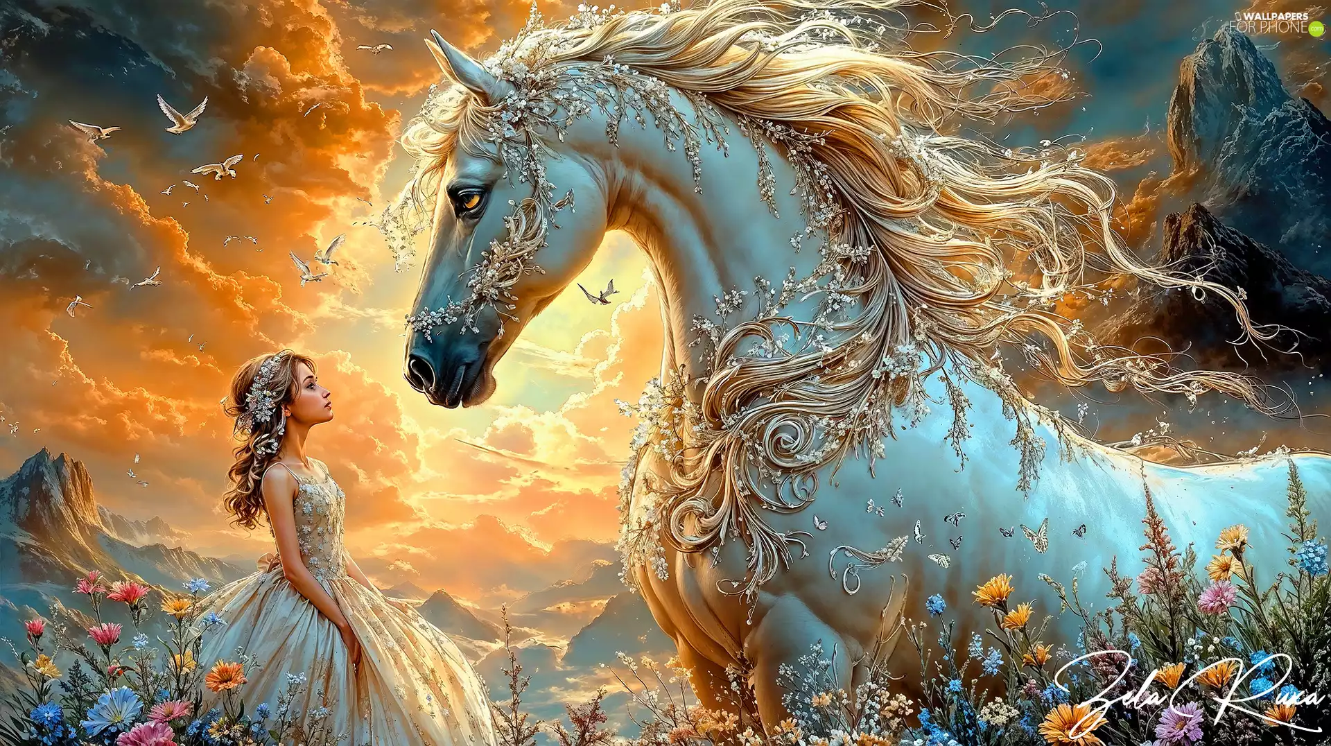 Horse, Dress, Mountains, White, Women, Flowers, clouds