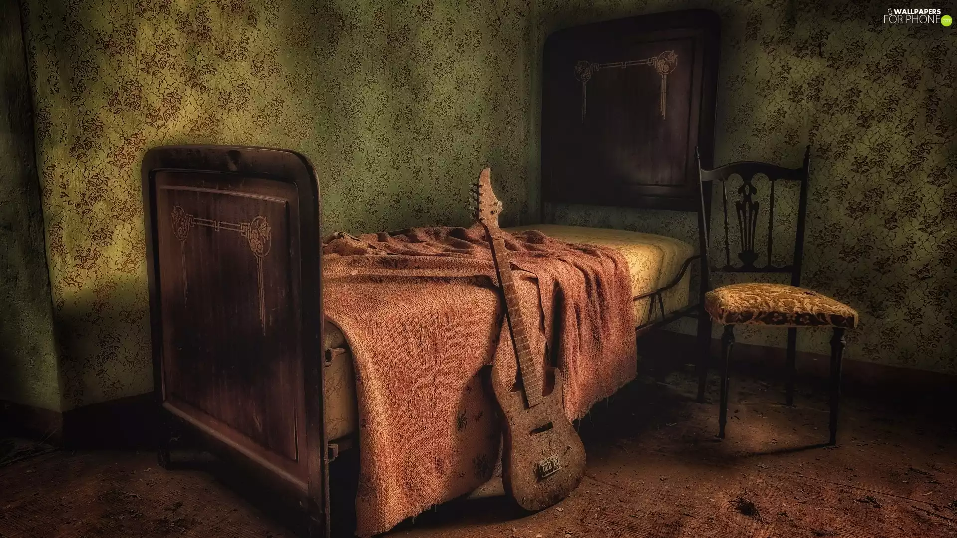 Guitar, Chair, Room, White Bed, Neglected
