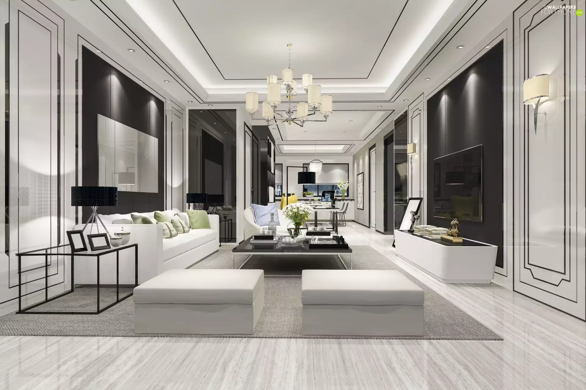 Spacious, black and white, decor, saloon