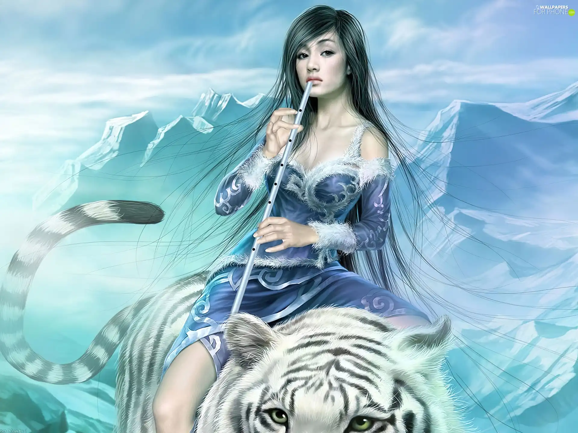 White, tiger, flute, Mountains, Women