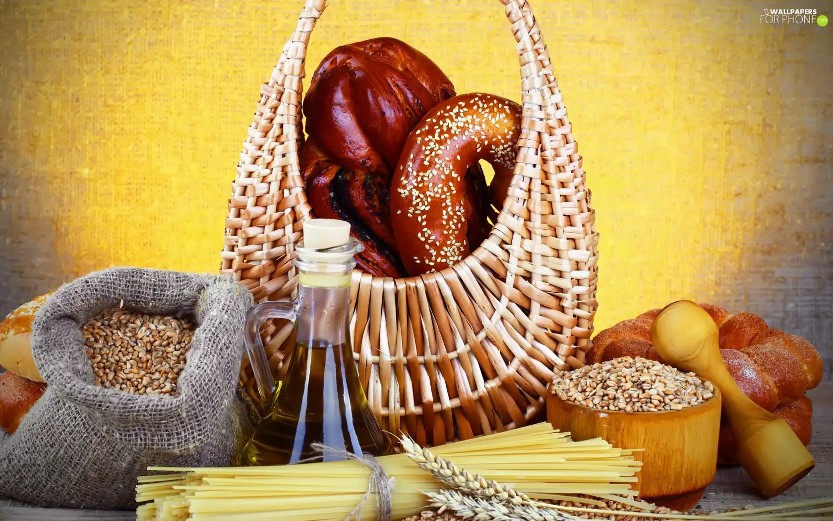wicker, basket, Roll, Pasta, bread