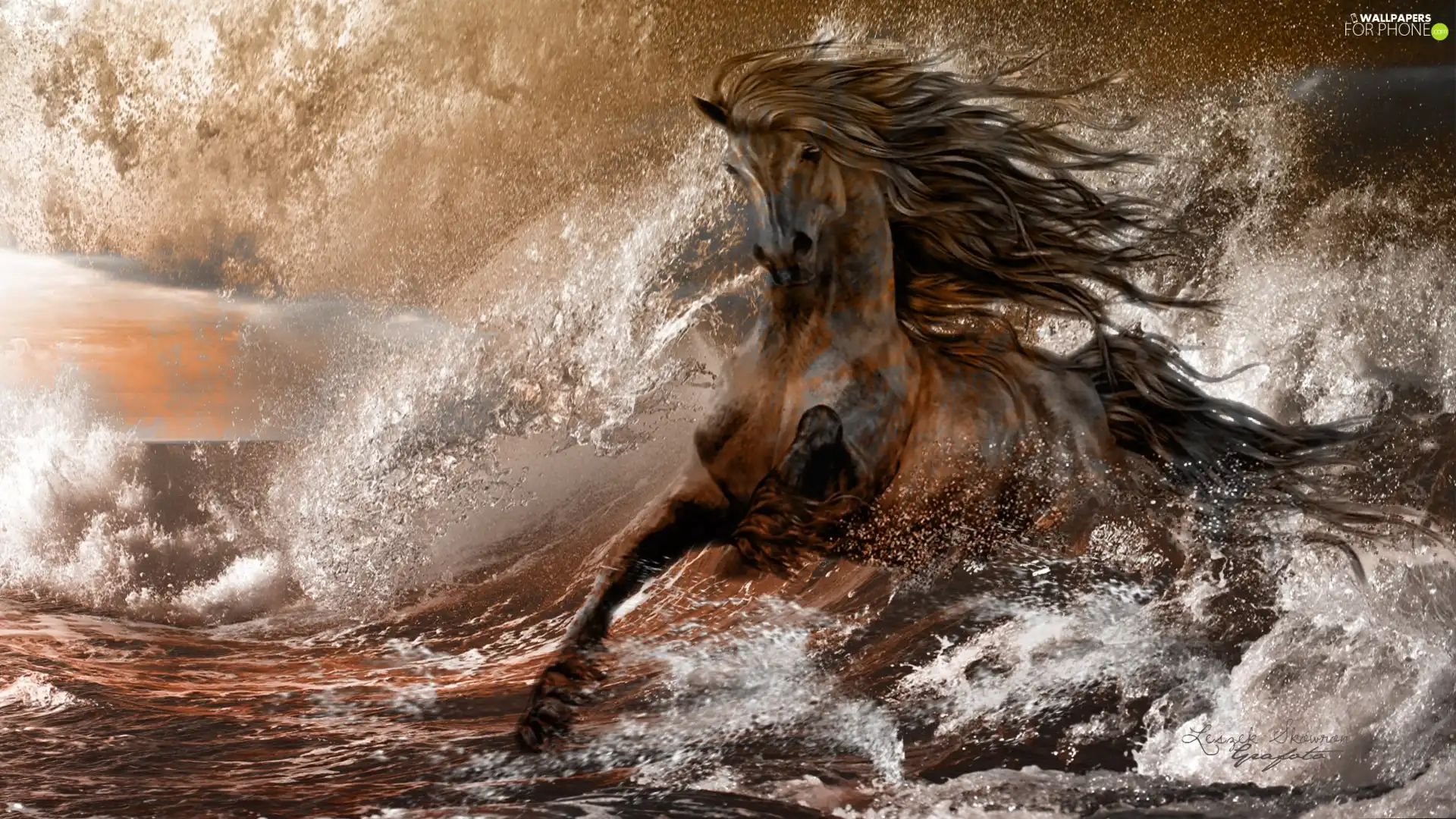 Waves, mane, Wind, Horse