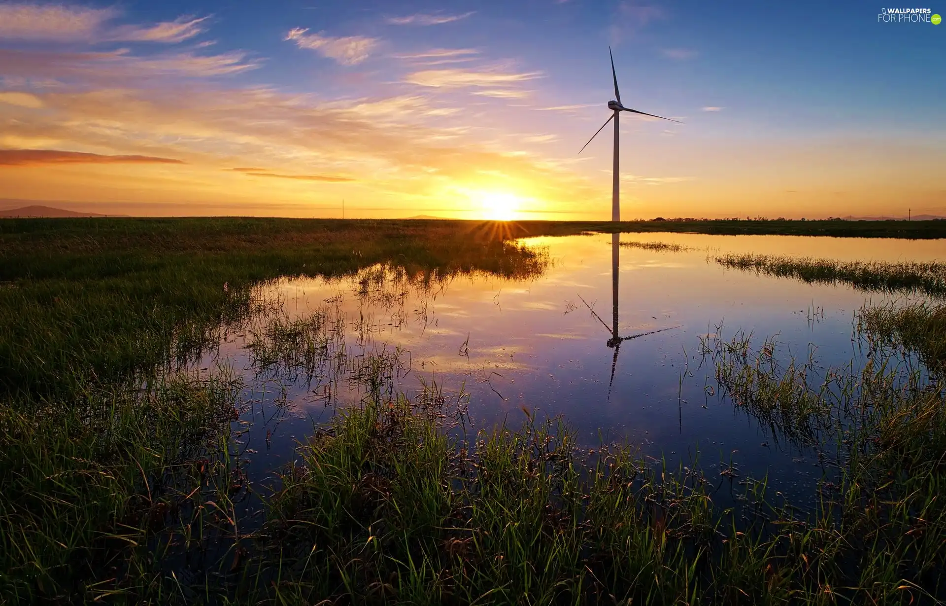 Backwaters, west, Windmill, grass, water, sun