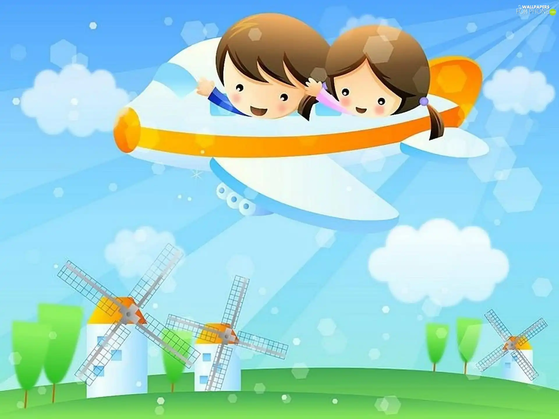 Kids, flight, Windmills, plane