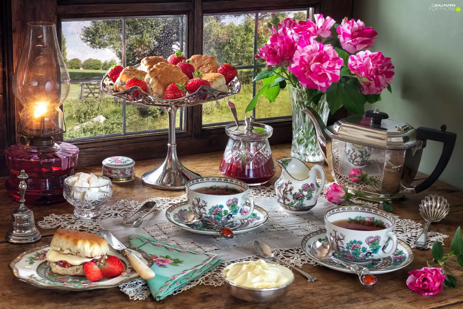 cake, Oil Lamp, Flowers, strawberries, Peonies, composition, tea, plateau, Window, cups, bouquet