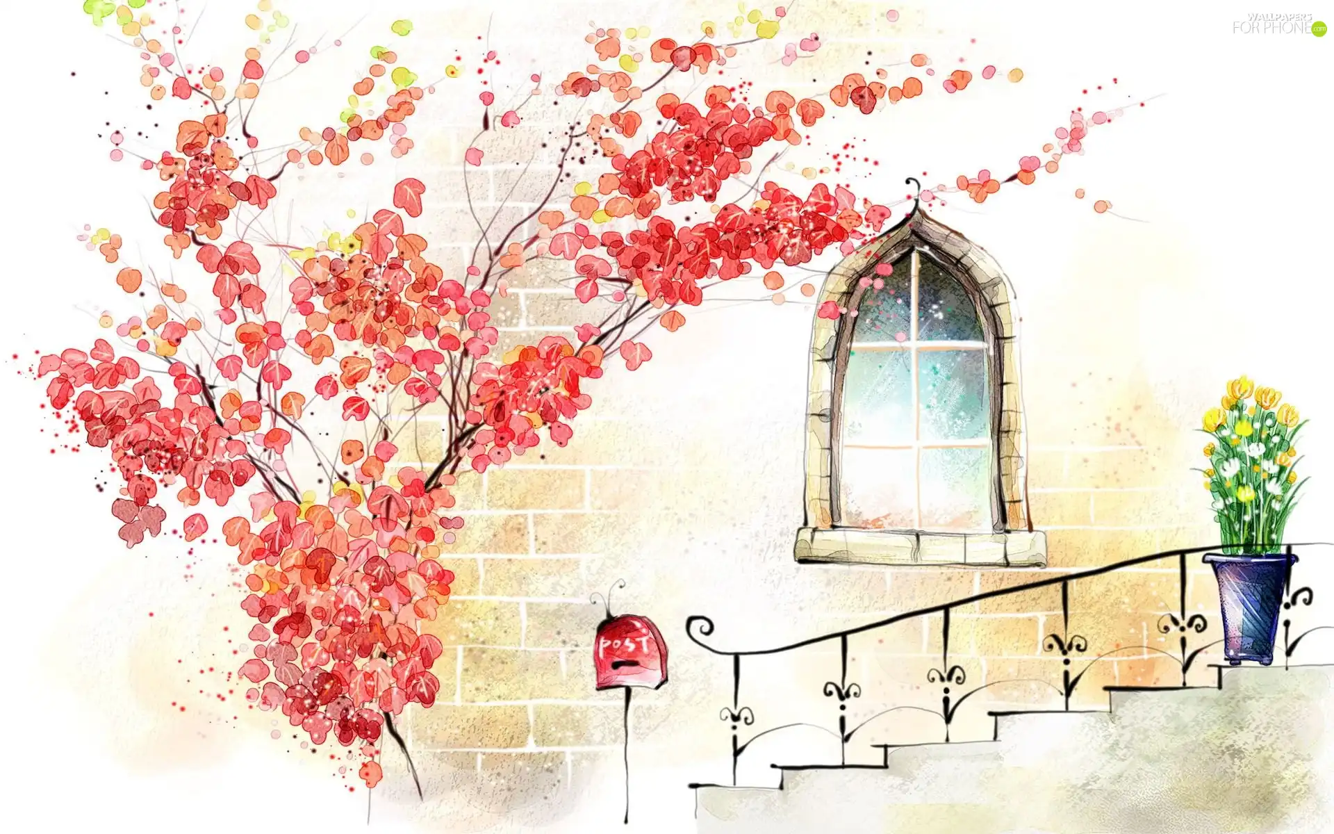 trees, Flowers, Window, Red