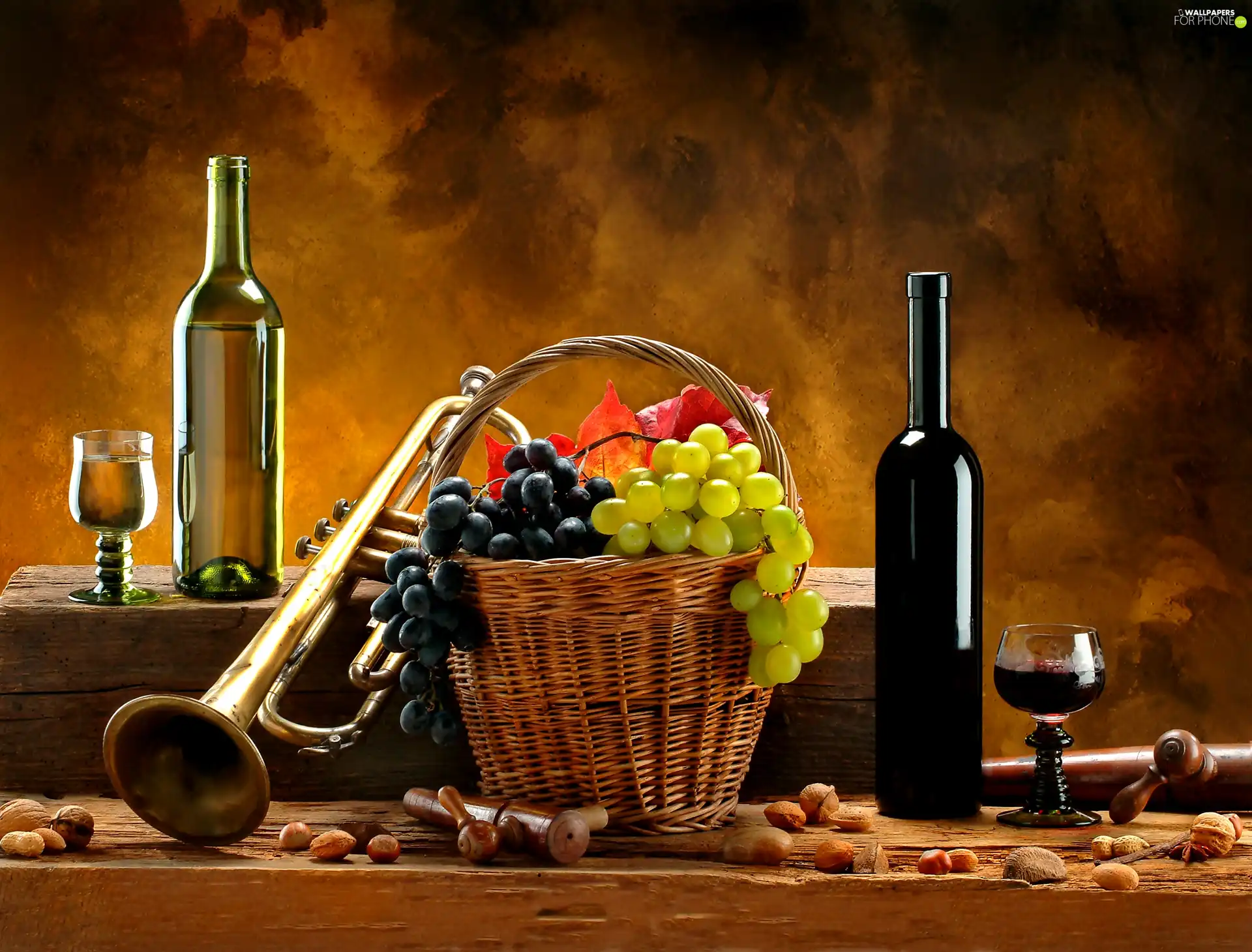 basket, trumpet, Wine, grapes