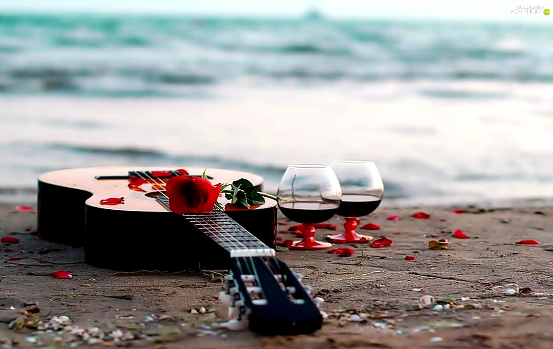 Guitar, glasses, Wine, Colourfull Flowers
