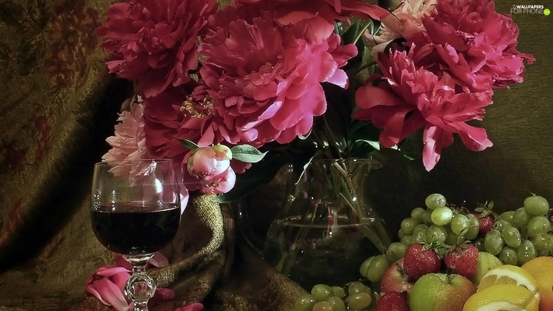 Wine, Peonies, Fruits