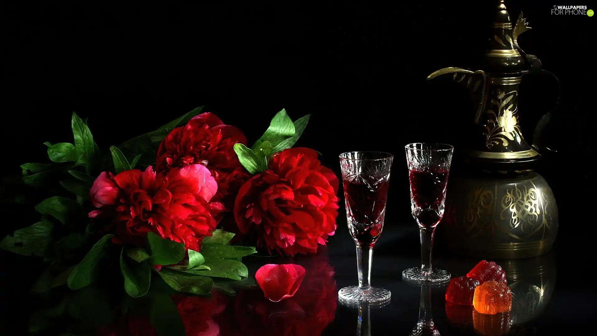 Wine, jug, Peonies, glasses, Red