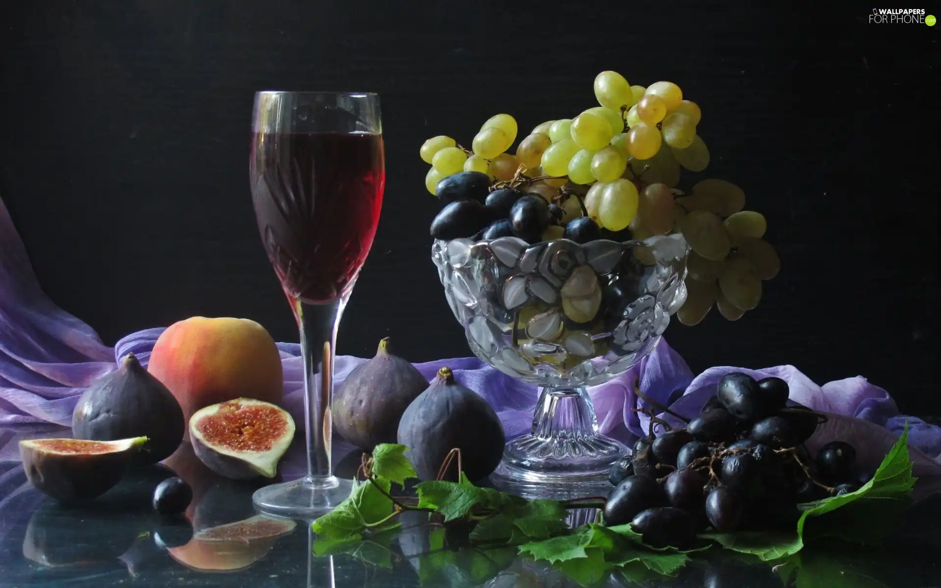 plateau, Grapes, wine glass, Fruits