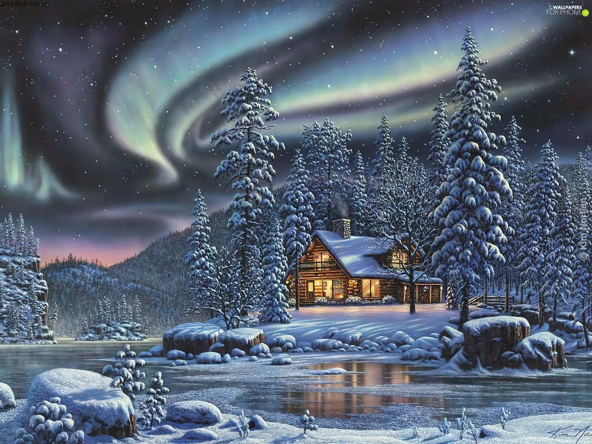 winter, Art, dawn, Home, Spruces