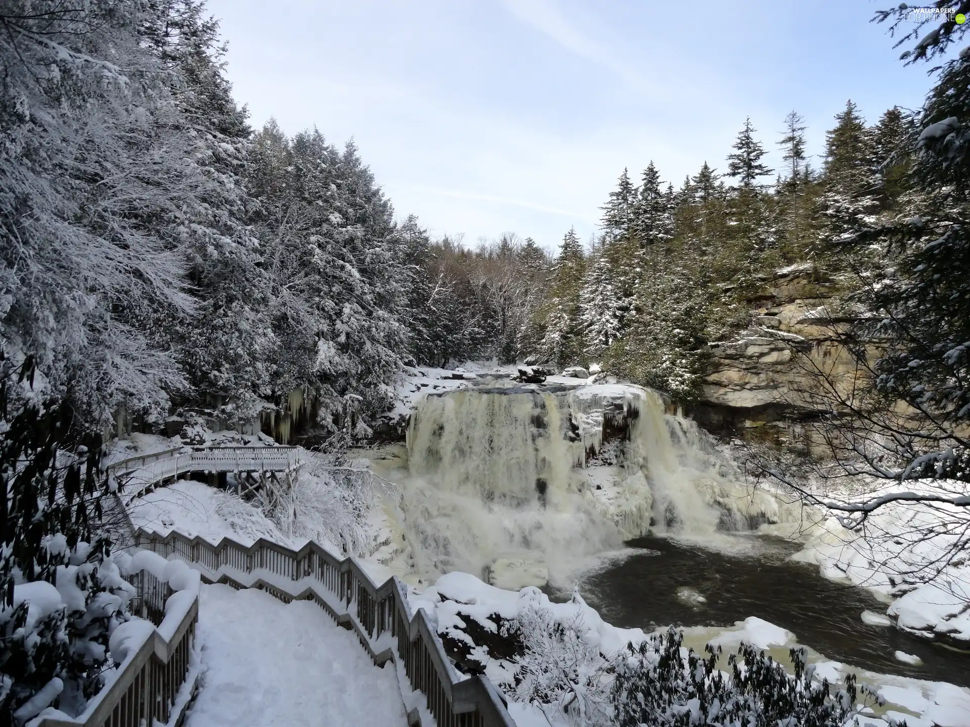 forest, River, winter, waterfall
