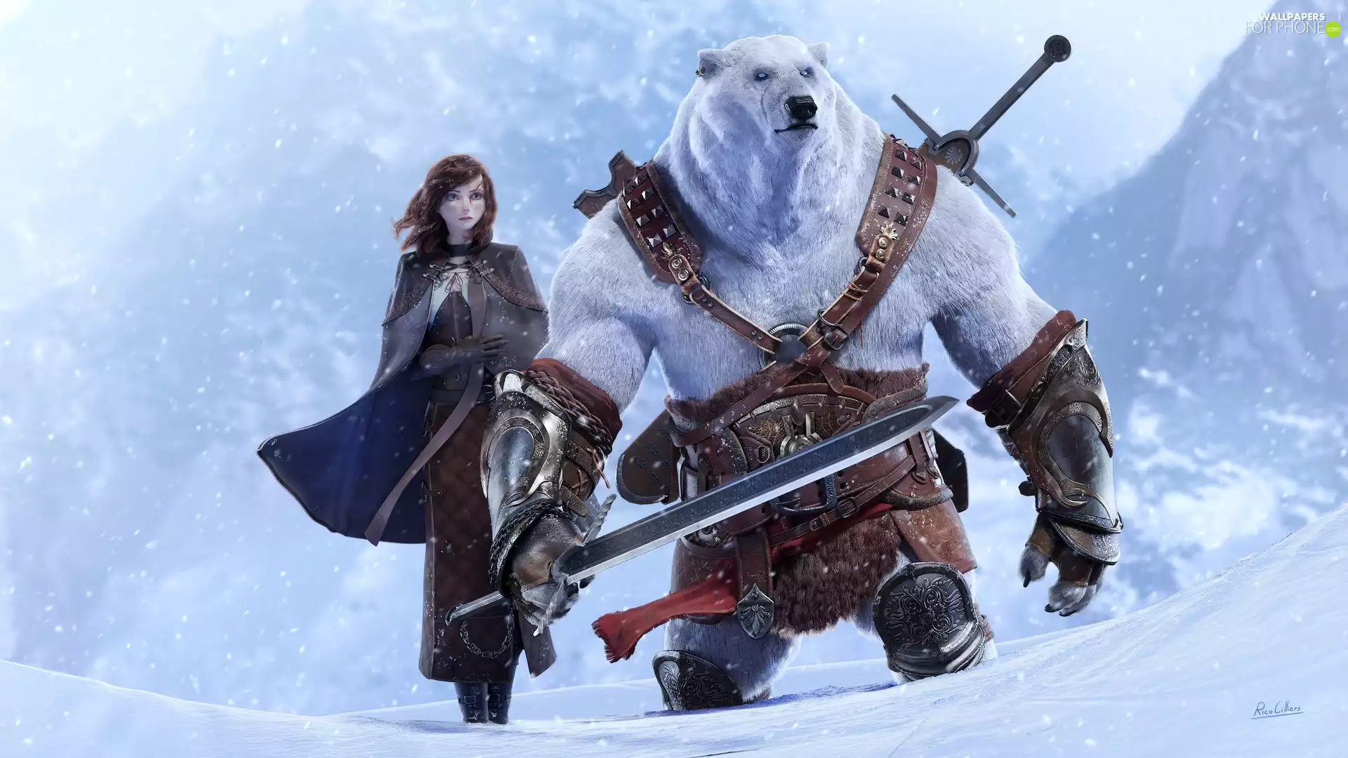sword, winter, girl, Bear, fantasy